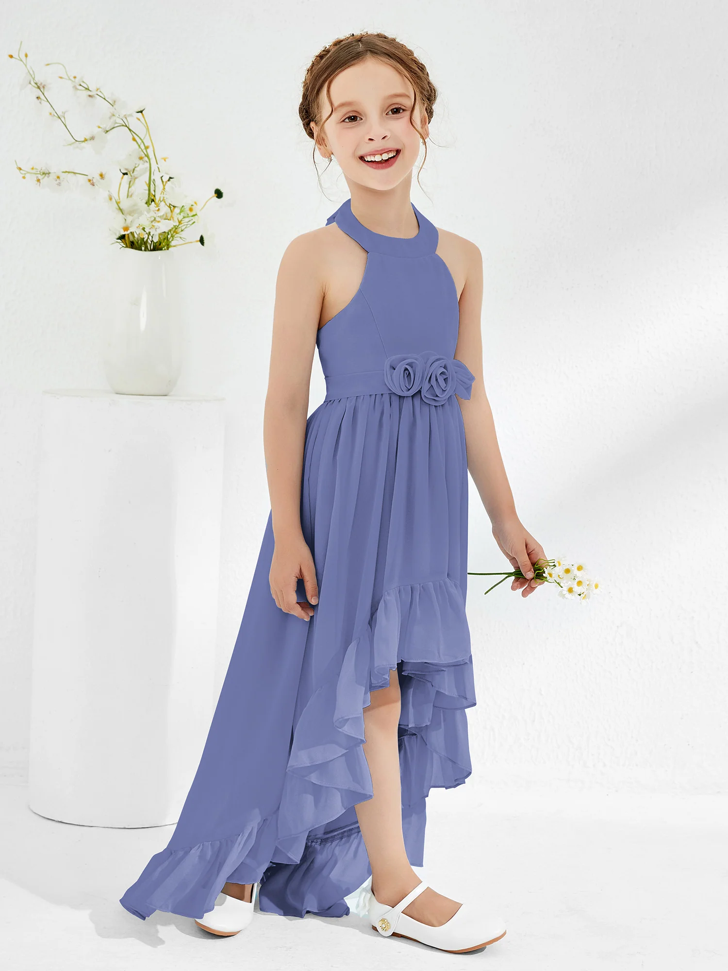 Asymmetrical A-line Junior Bridesmaid Dresses with Flower Periwinkle - Image 3