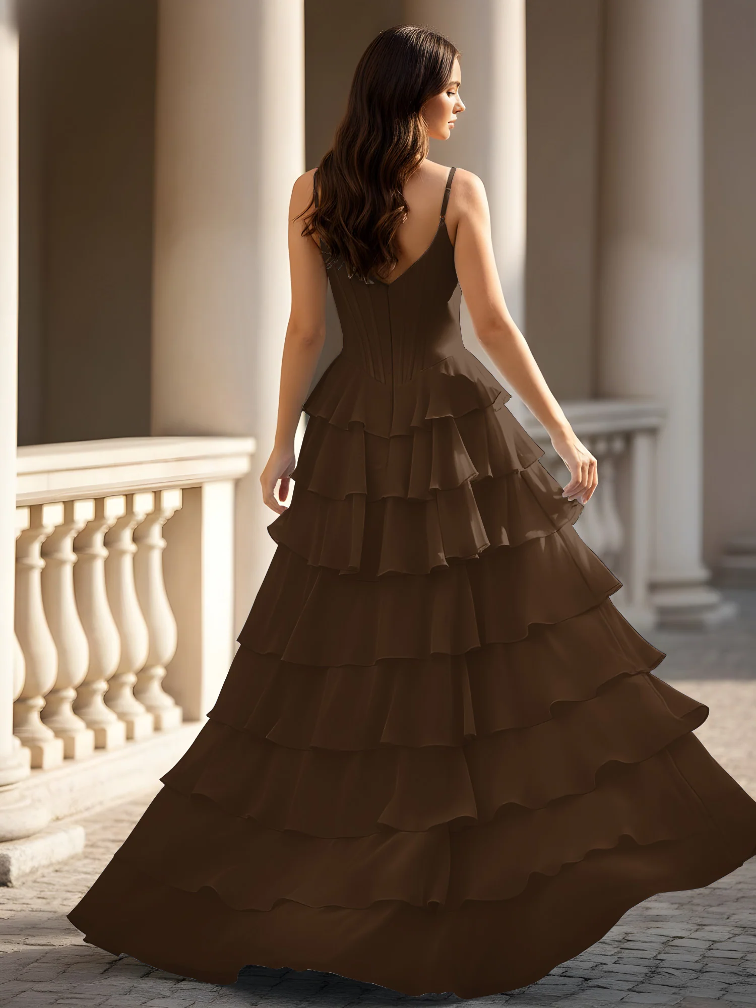 Spaghetti Straps A-Line Chiffon Tiered Dress With Slit Brown - Image 2