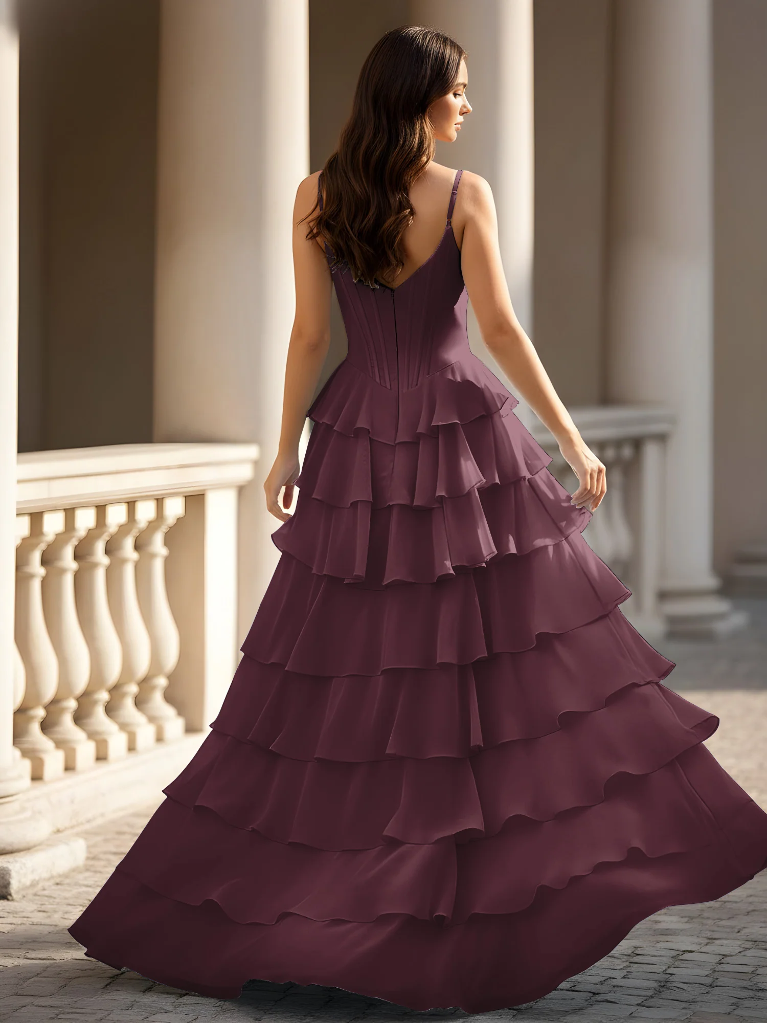 Spaghetti Straps A-Line Chiffon Tiered Dress With Slit Cabernet - Image 2