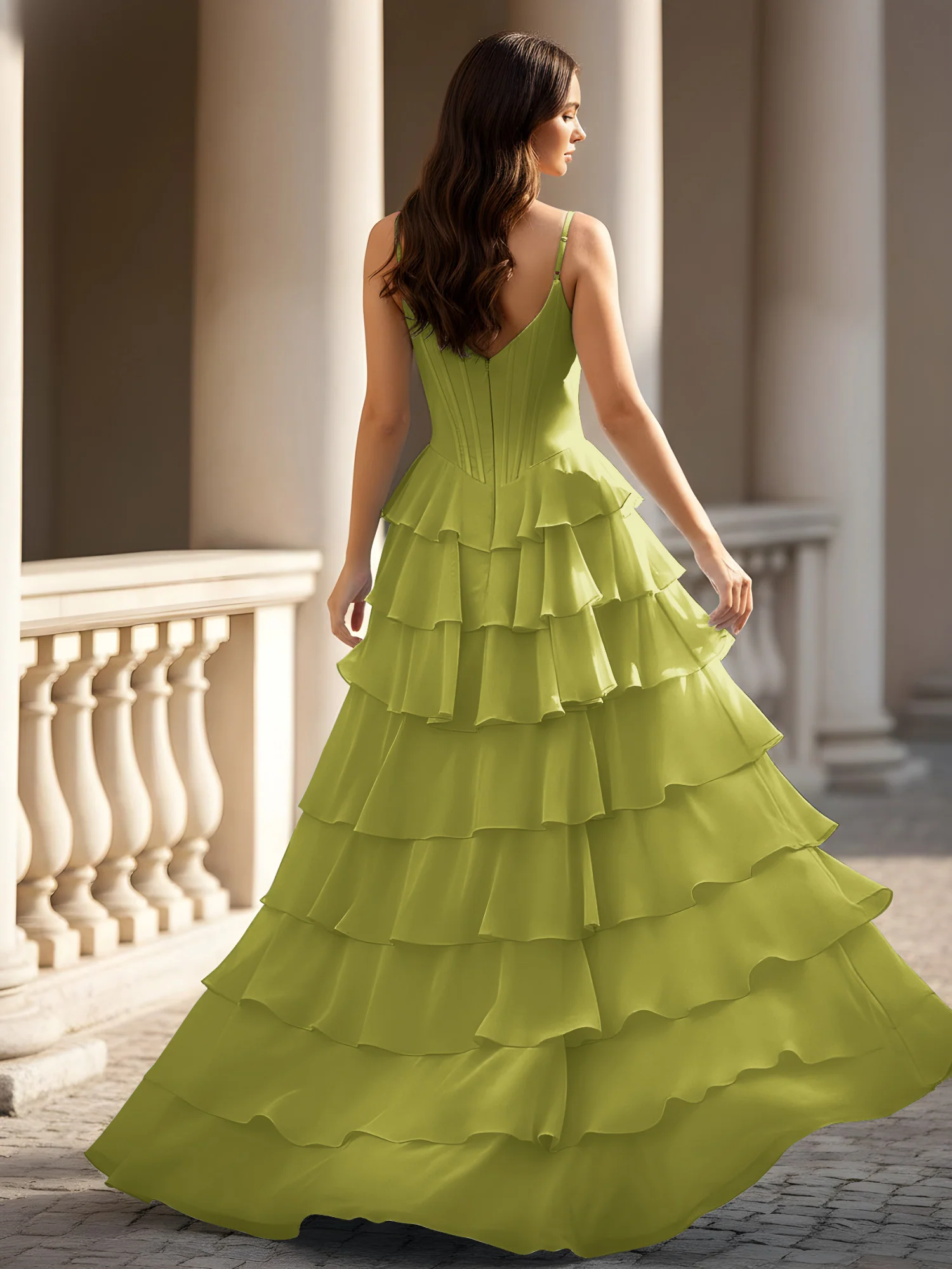 Spaghetti Straps A-Line Chiffon Tiered Dress With Slit Clover - Image 2