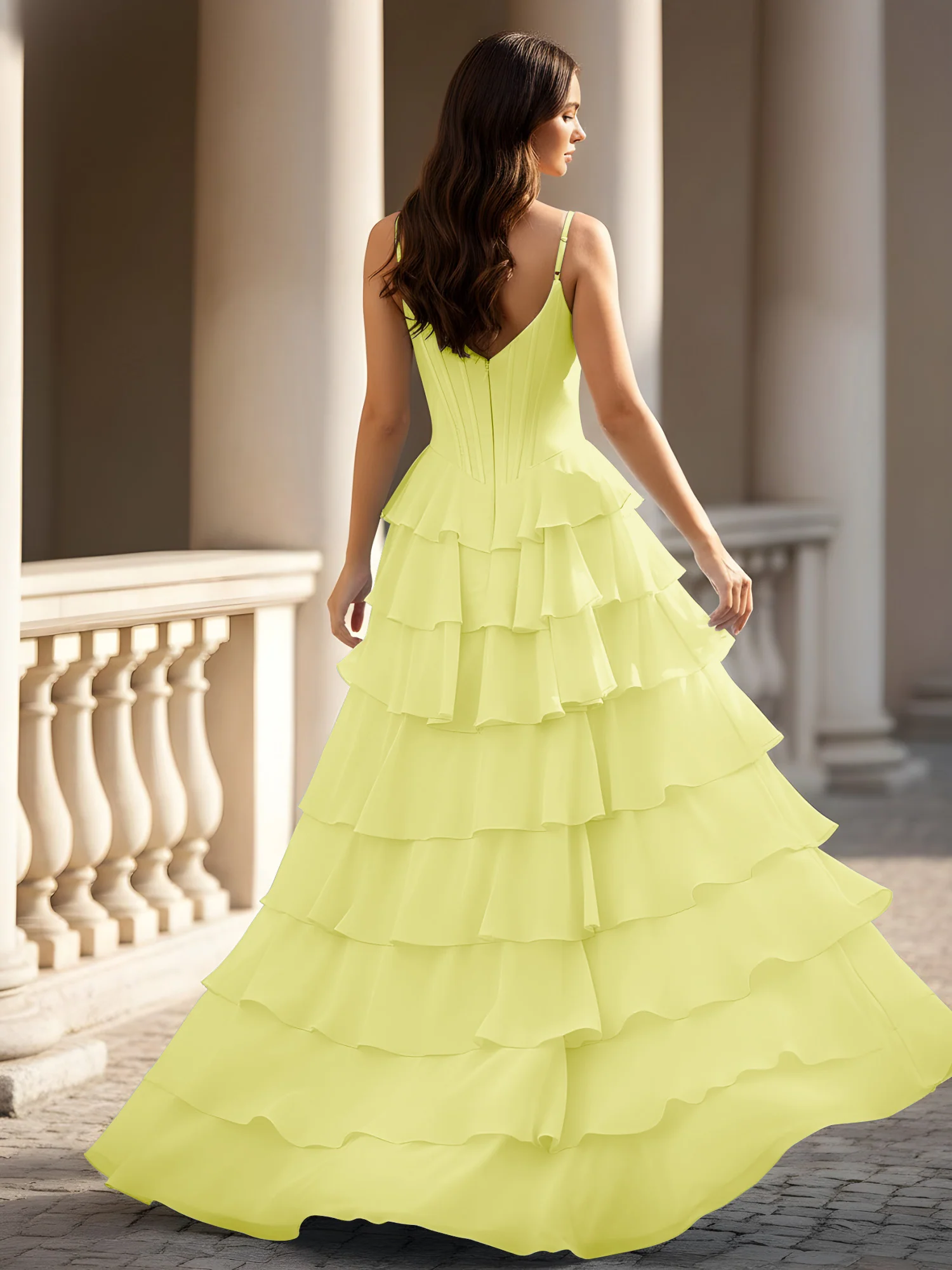 Spaghetti Straps A-Line Chiffon Tiered Dress With Slit Daffodil - Image 2