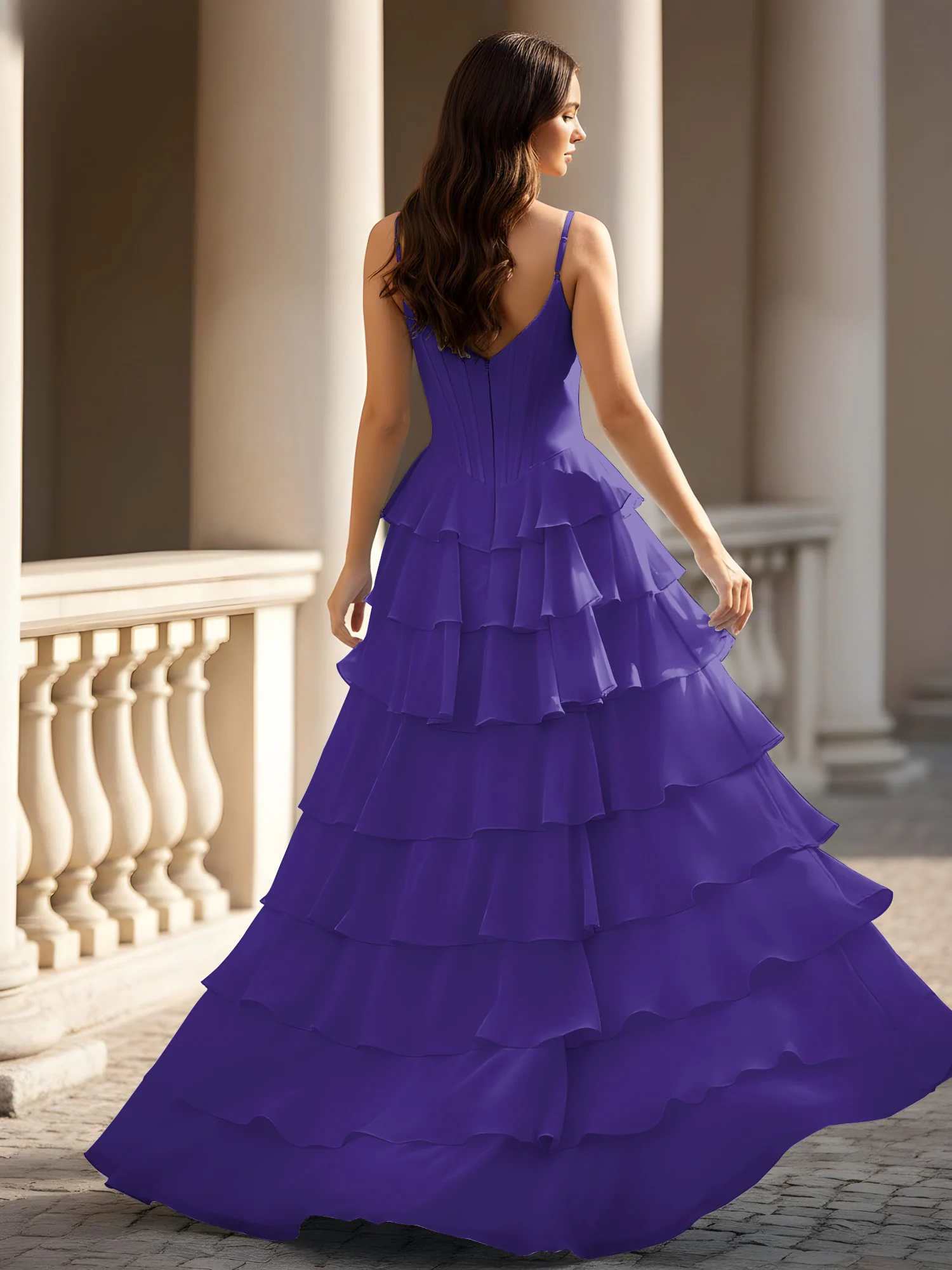 Spaghetti Straps A-Line Chiffon Tiered Dress With Slit Regency - Image 2