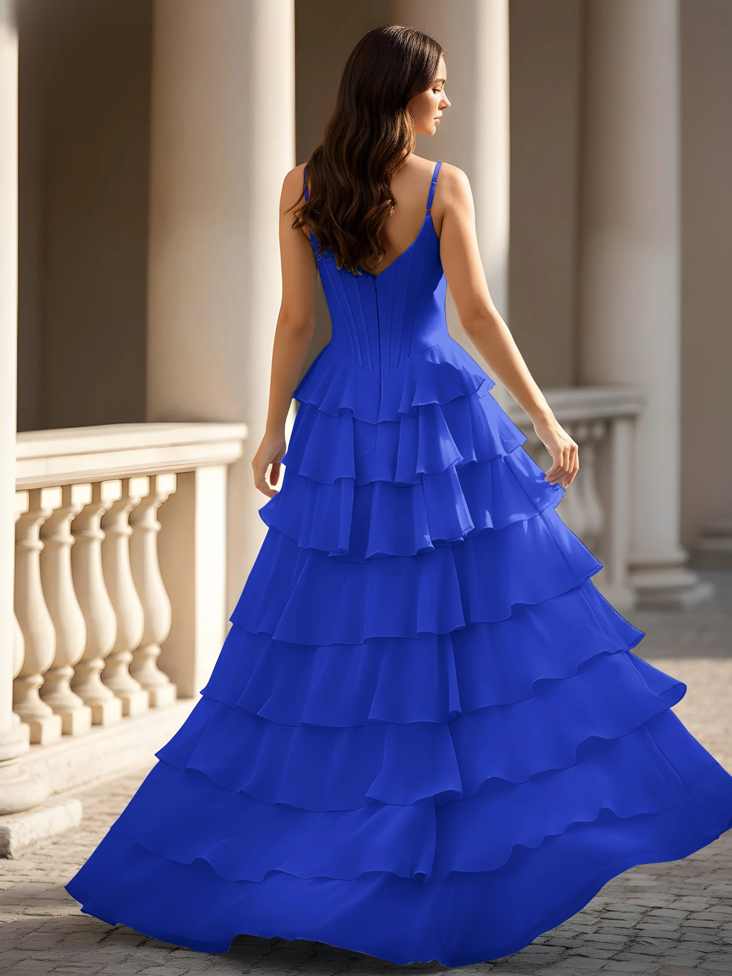 Spaghetti Straps A-Line Chiffon Tiered Dress With Slit Royal Blue - Image 2