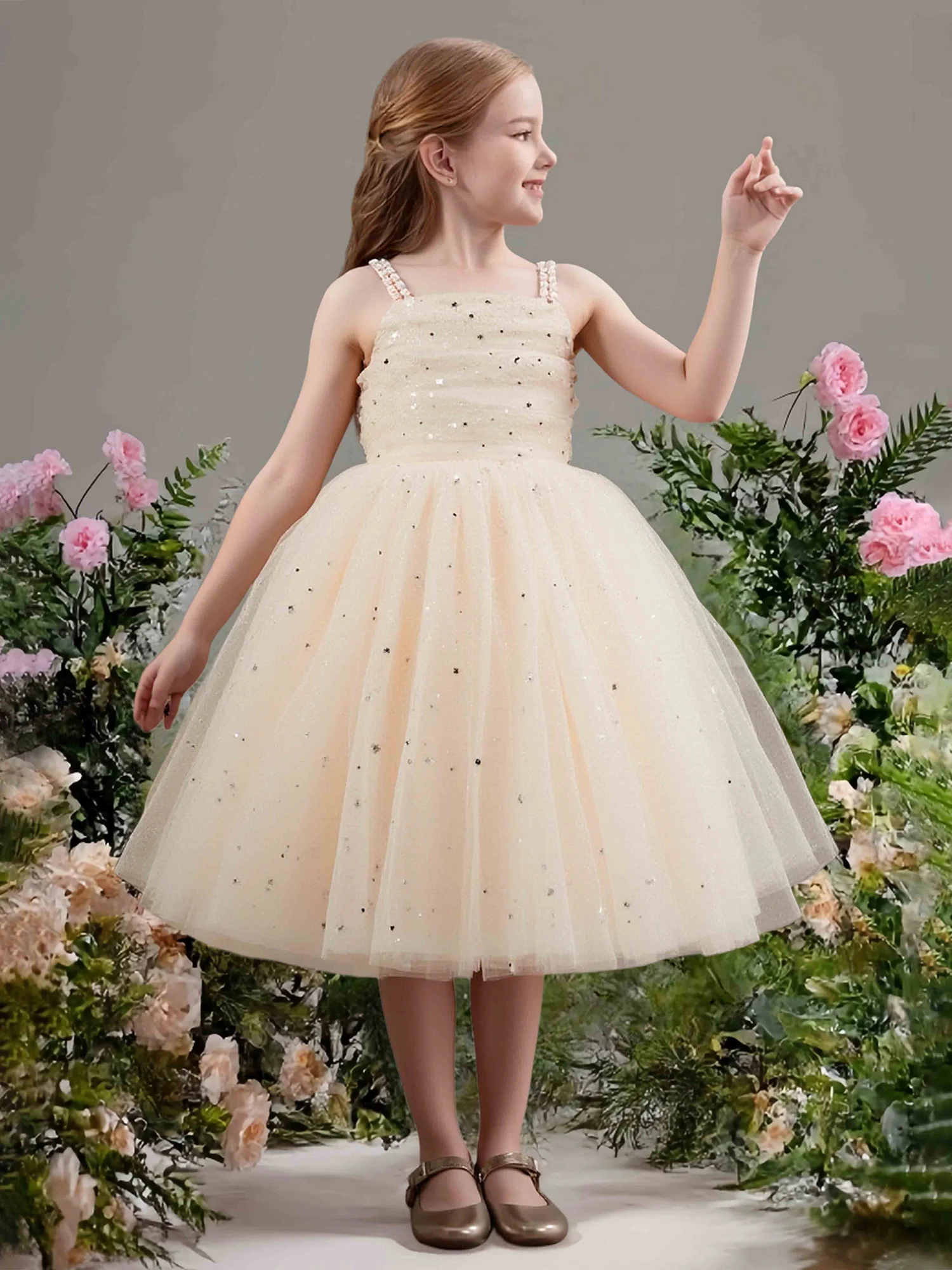 Sleeveless Glitter Skirt Party Flower Girl Dress Champagne