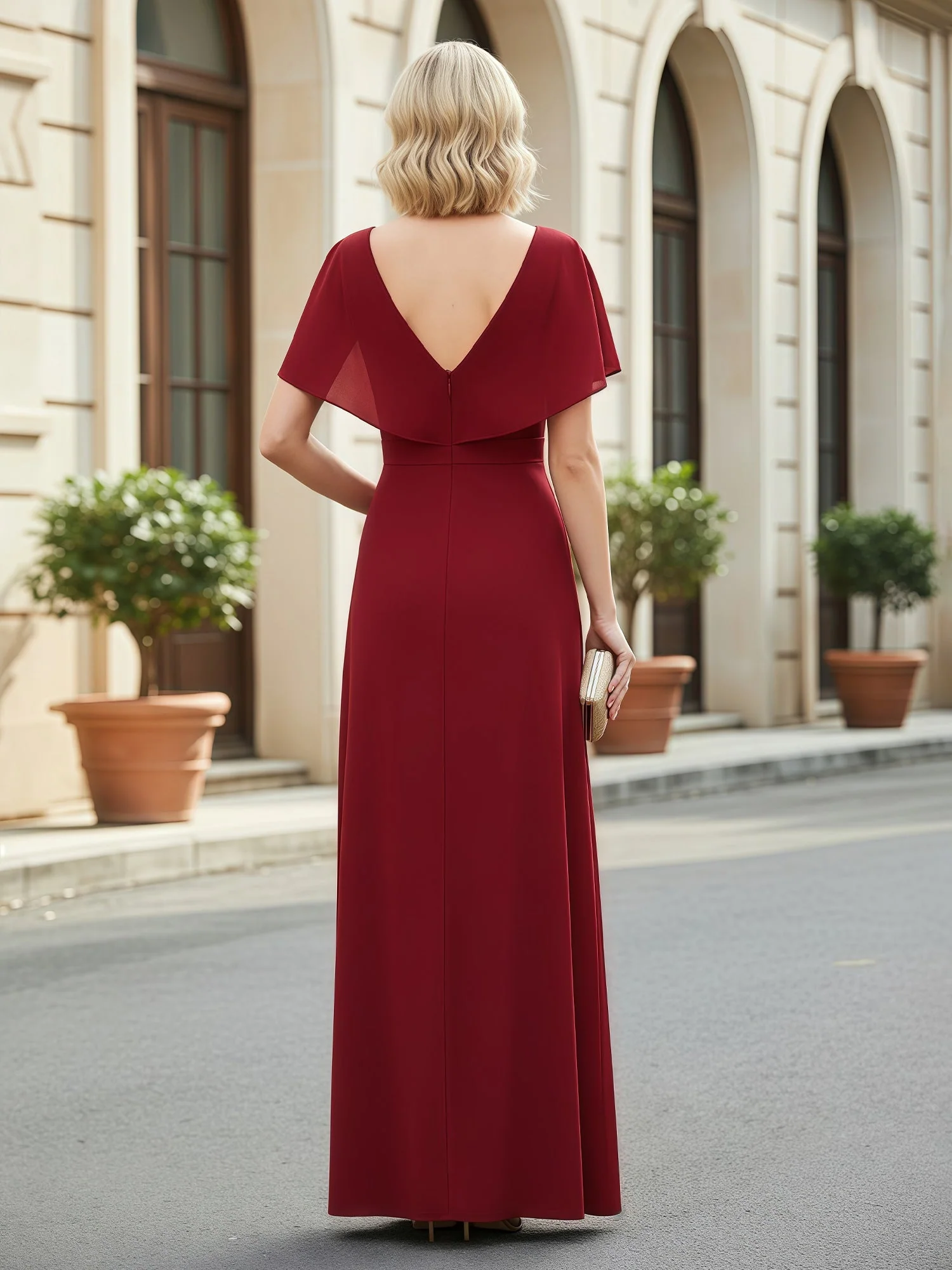 A-Line Flutter Sleeves Pleated V-neck Dress With Slit Silver - Image 2