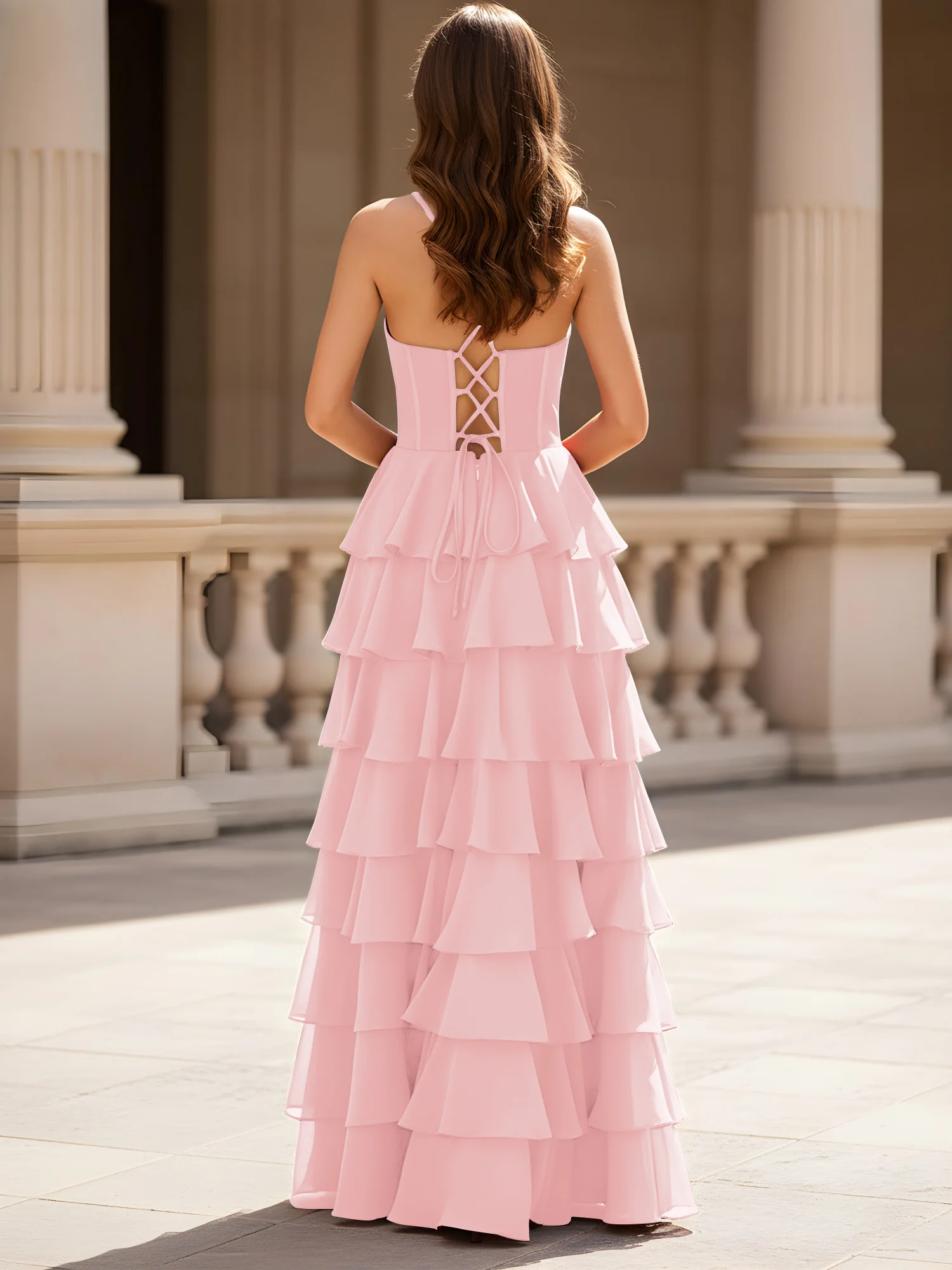 Sweetheart Neck A-Line Tiered Chiffon Slit Dress Blushing Pink - Image 2