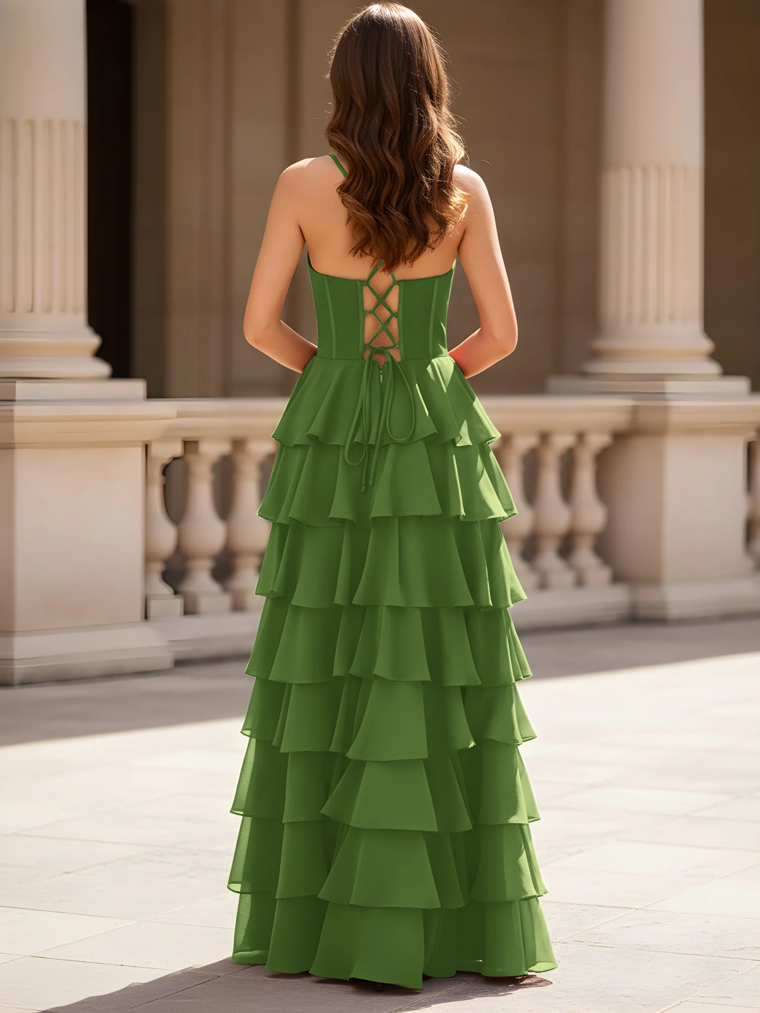 Sweetheart Neck A-Line Tiered Chiffon Slit Dress Moss - Image 2