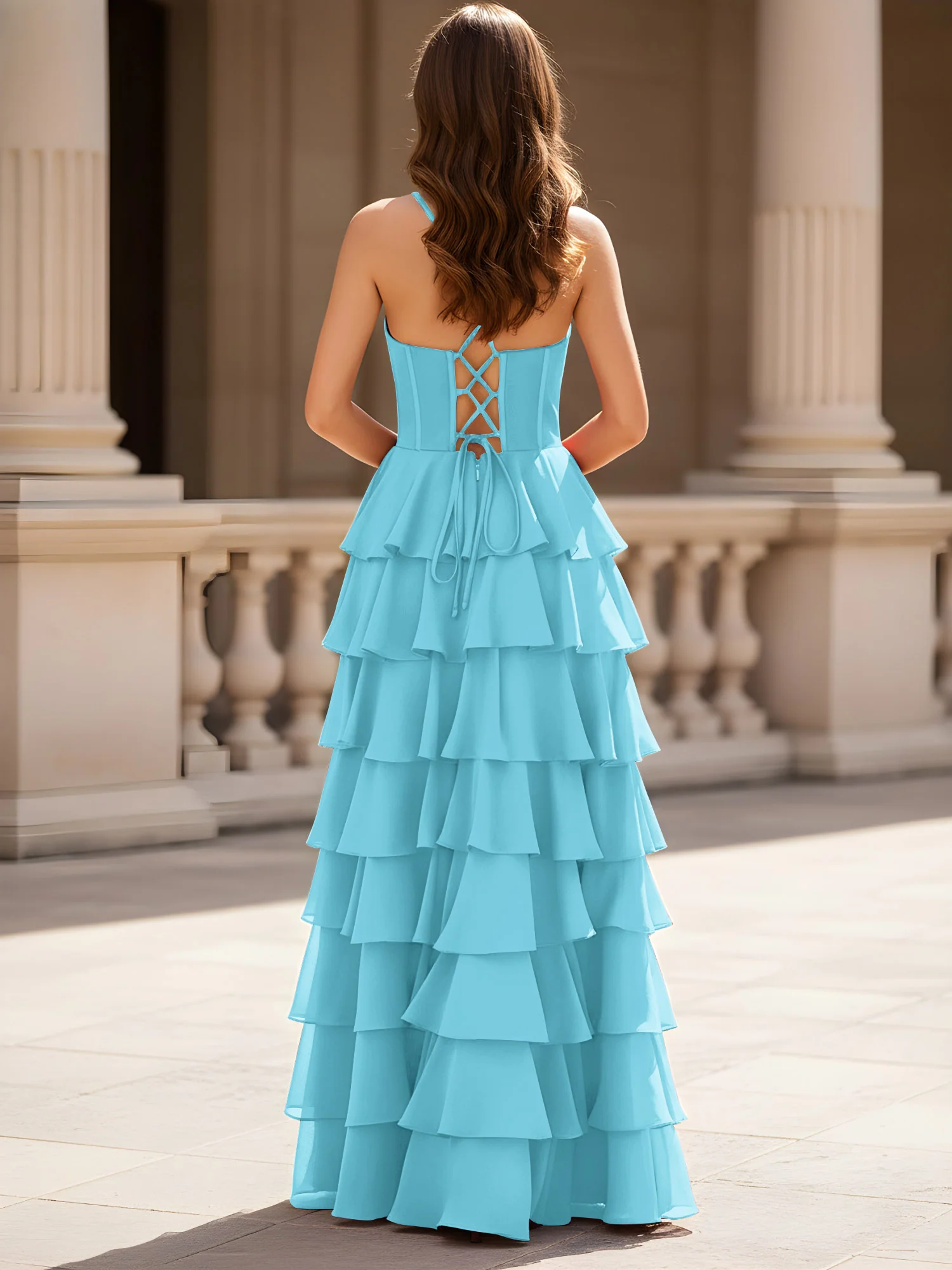 Sweetheart Neck A-Line Tiered Chiffon Slit Dress Pool - Image 2