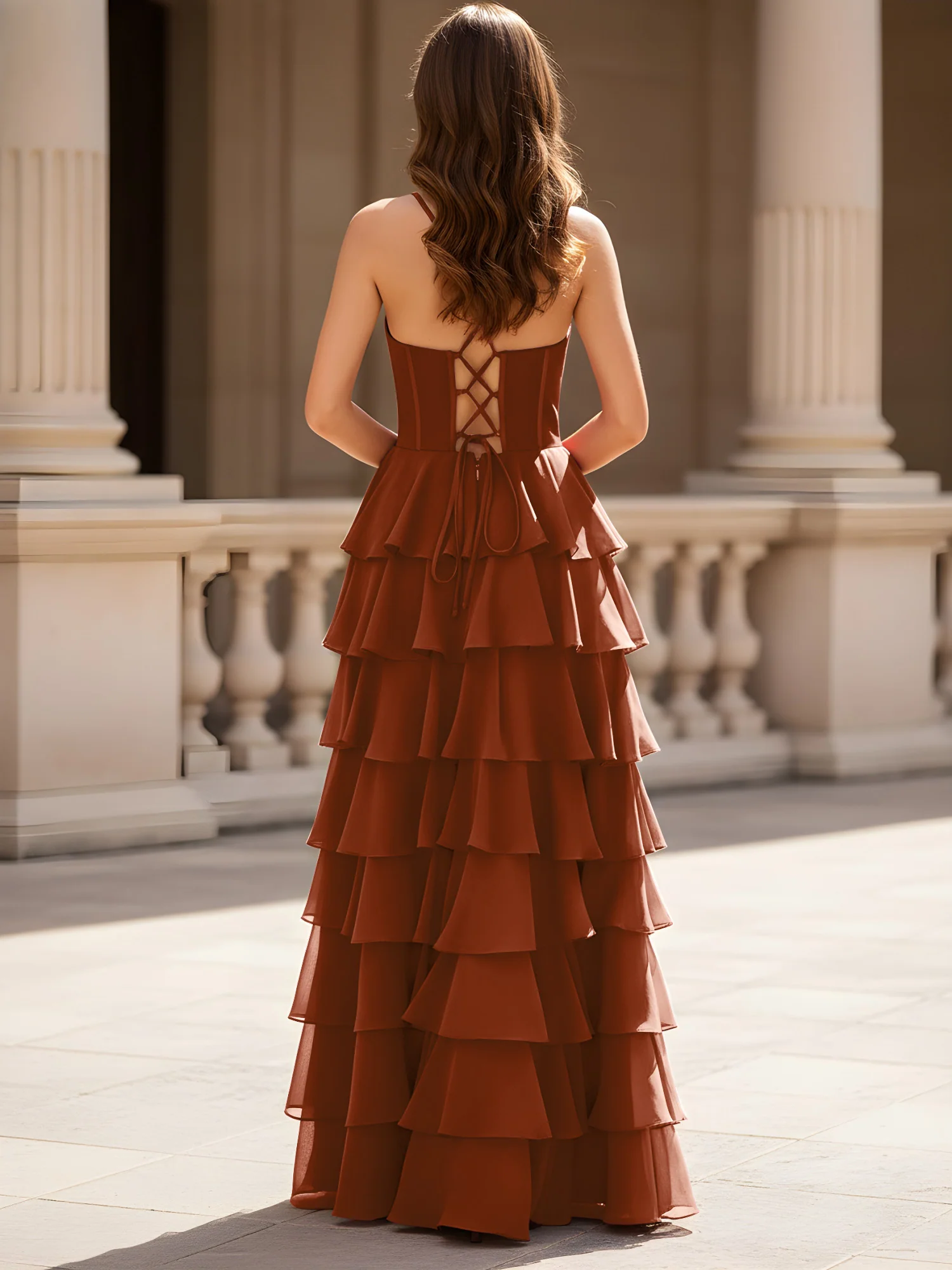 Sweetheart Neck A-Line Tiered Chiffon Slit Dress Terracotta - Image 2