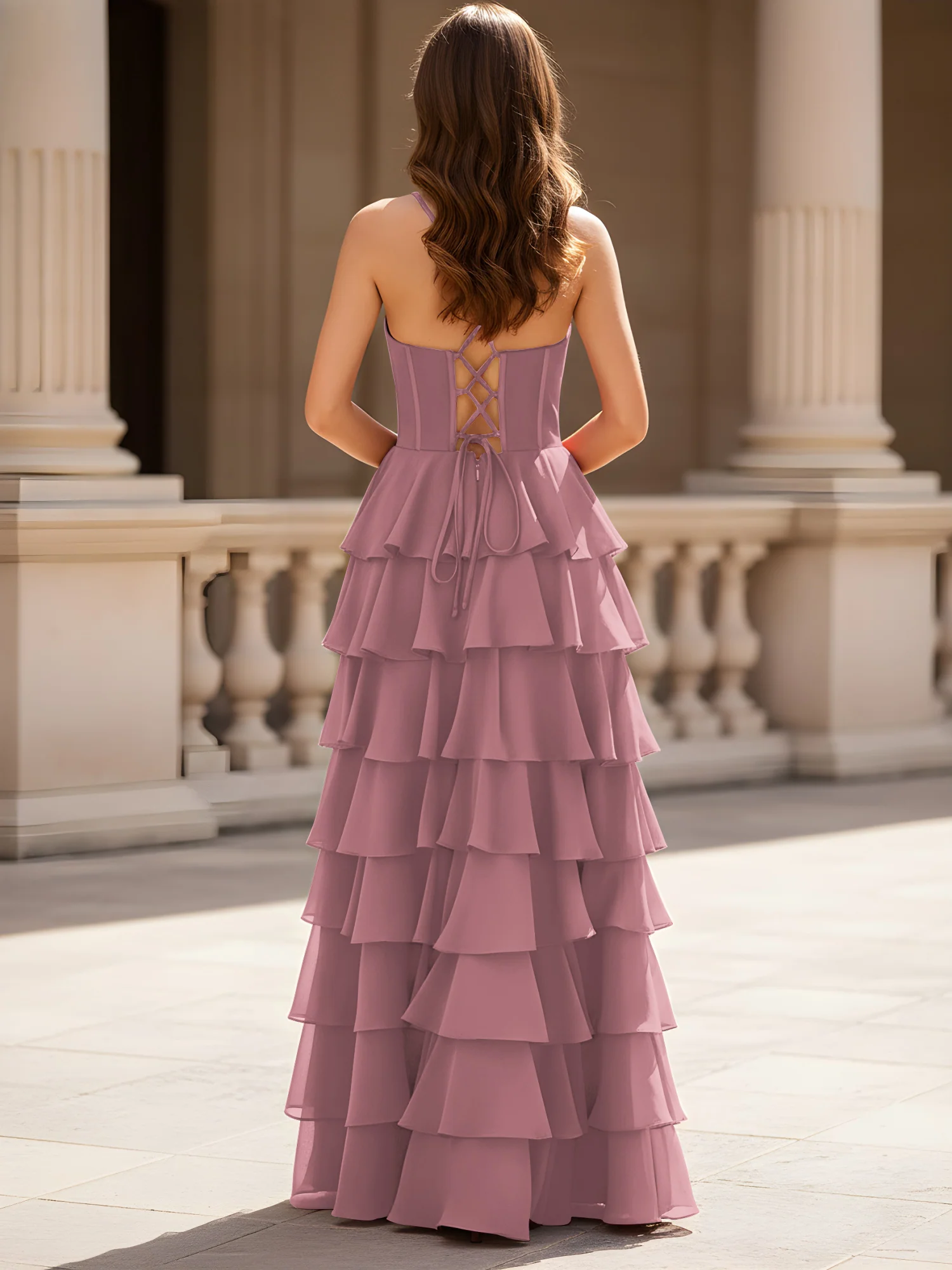 Sweetheart Neck A-Line Tiered Chiffon Slit Dress Vintage Mauve - Image 2