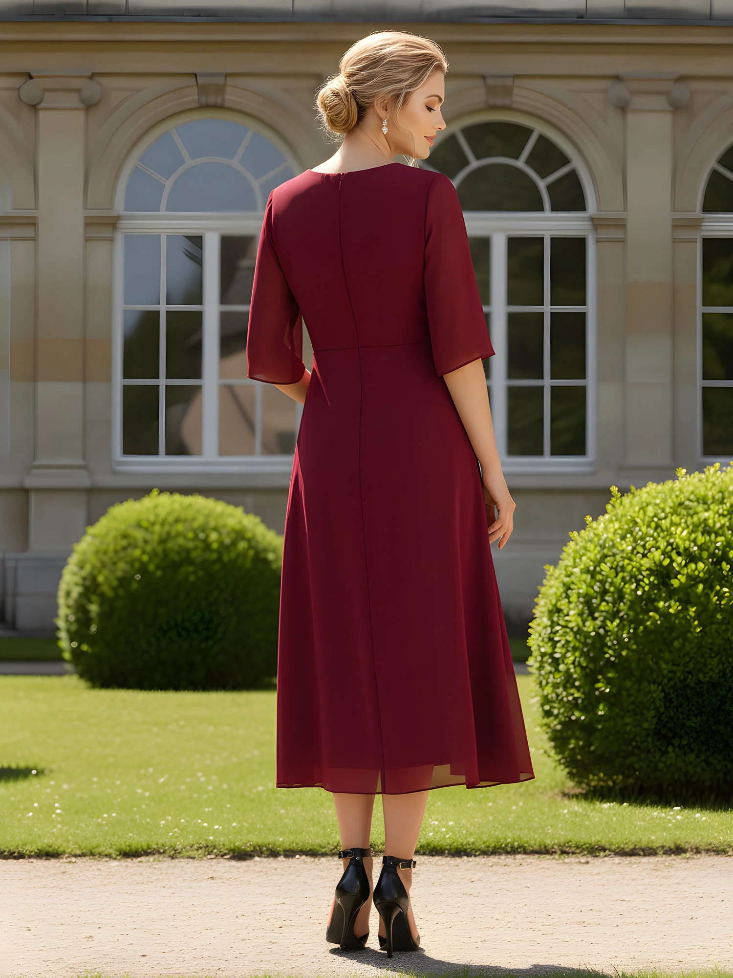 Square Neck Chiffon A-Line Tea-Length Dress with Jacket Cabernet - Image 2