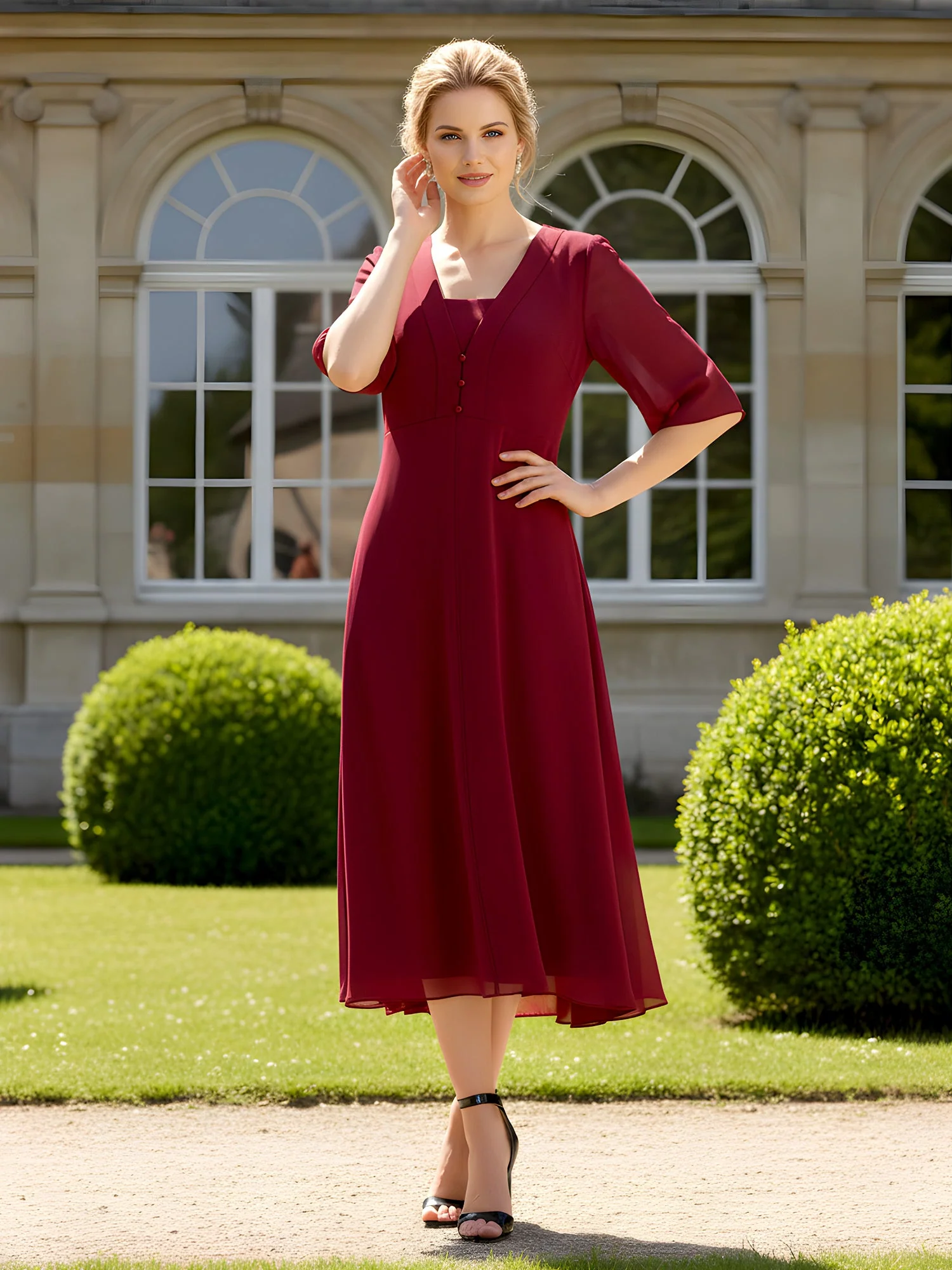 Square Neck Chiffon A-Line Tea-Length Dress with Jacket Lemon