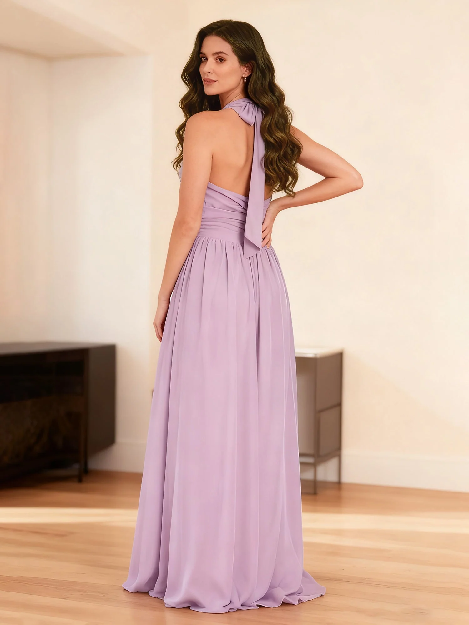 Halter Neck Pleated Ruffles Chiffon A-Line Dress Azalea - Image 2