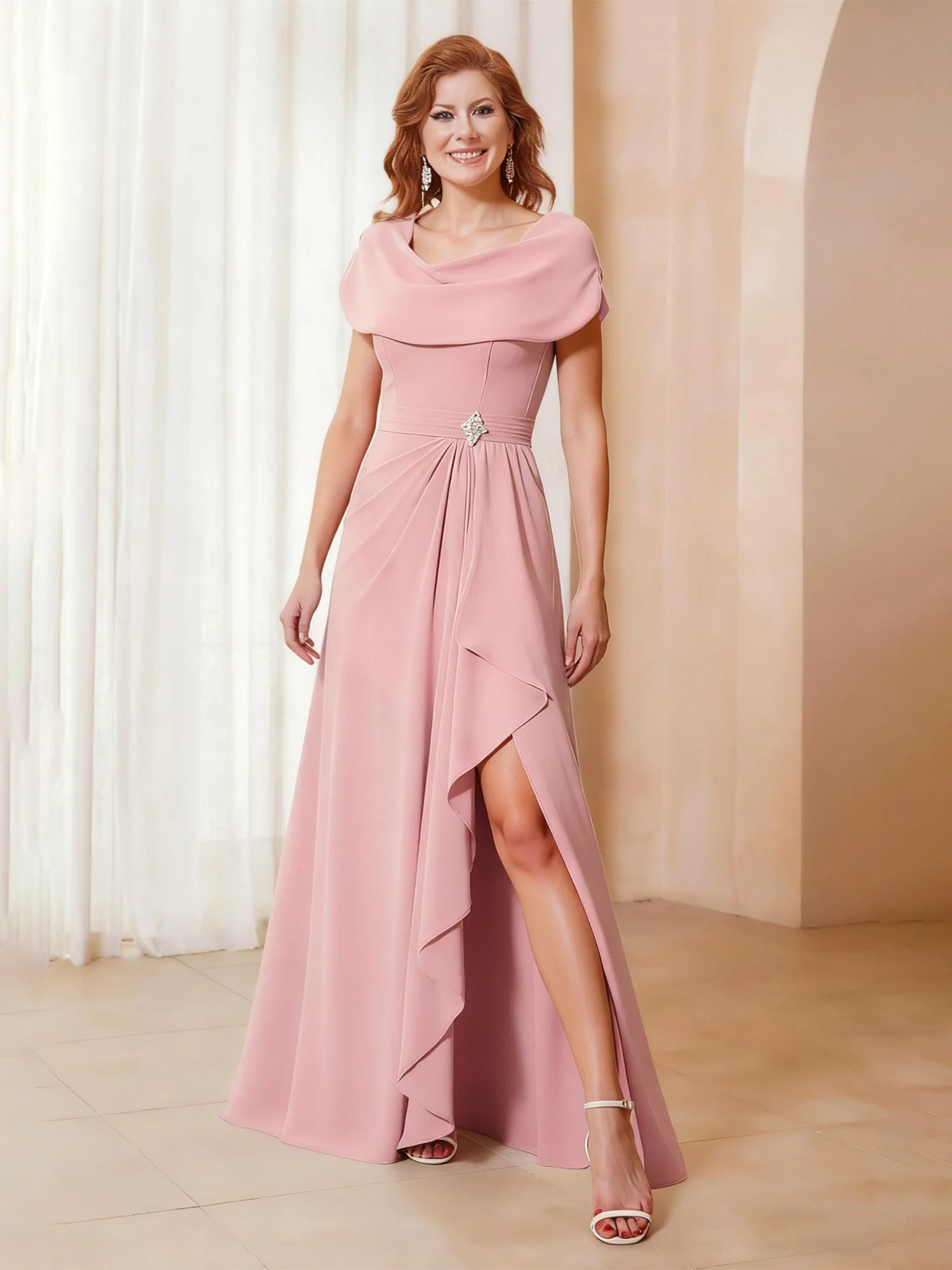 Cowl Neck A-Line Chiffon Ruffle Long Dress With Slit Mulberry