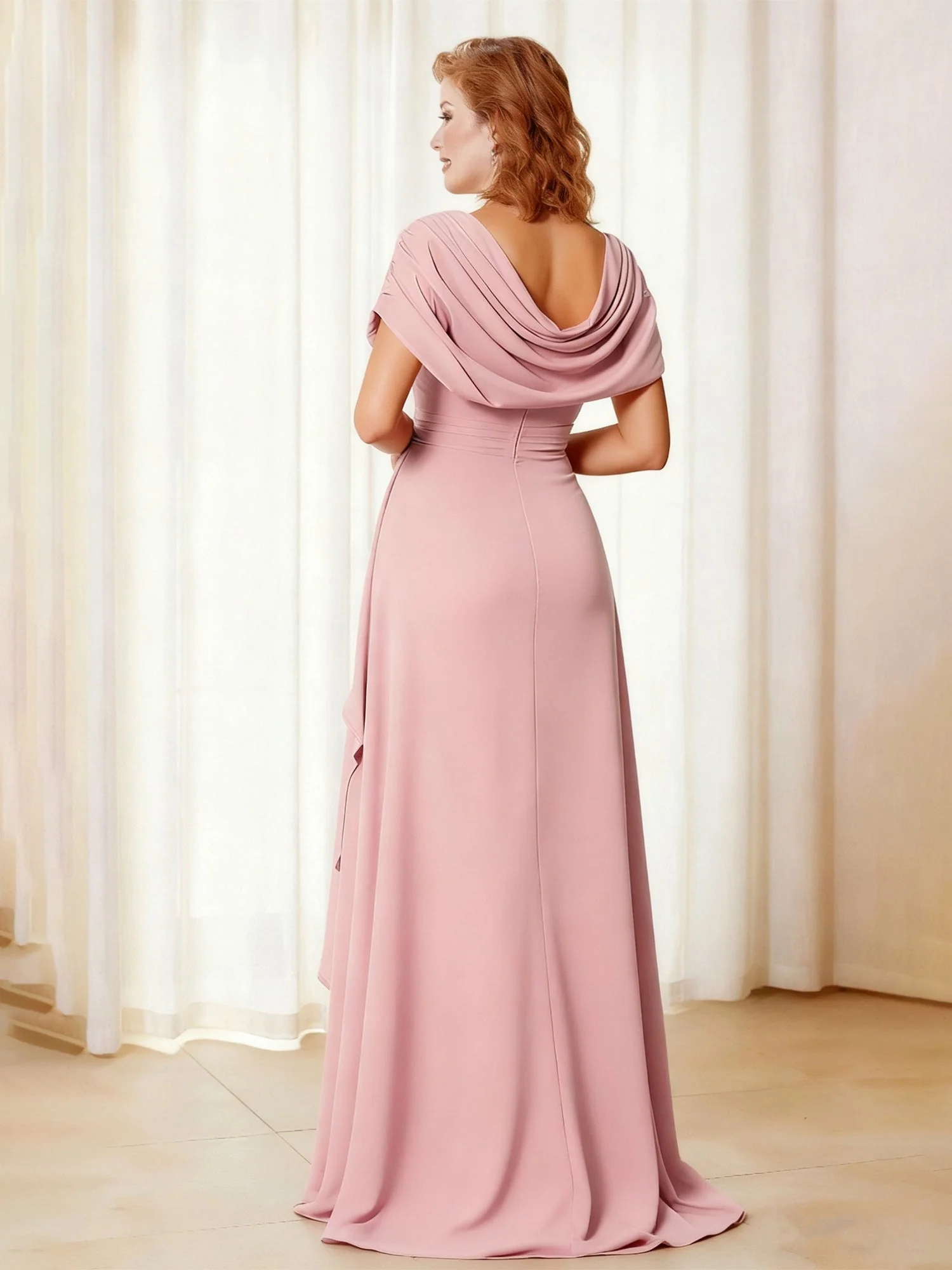 Cowl Neck A-Line Chiffon Ruffle Long Dress With Slit Orchid - Image 2