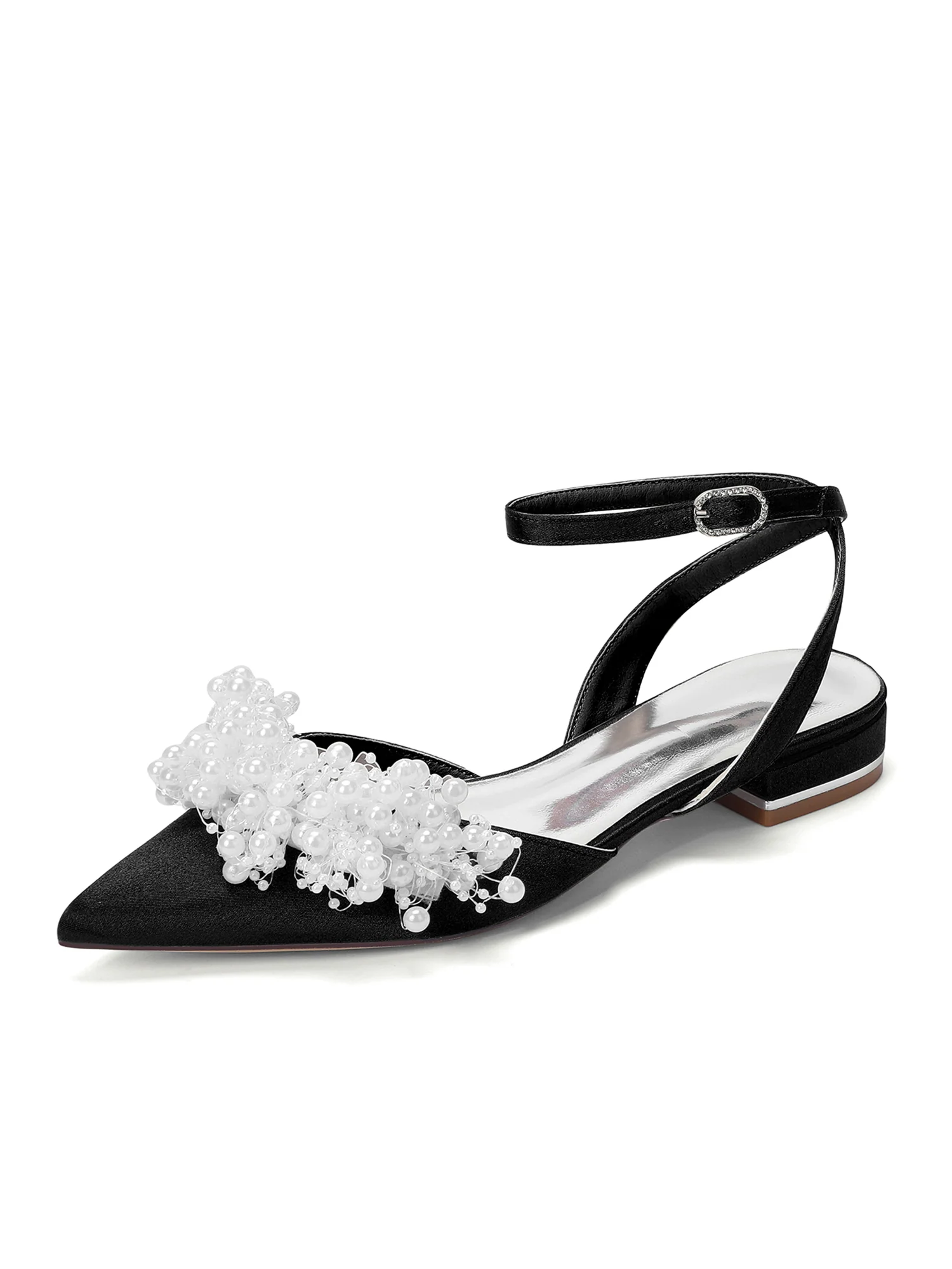 Satin Low Block Heels with Pearl Cluster