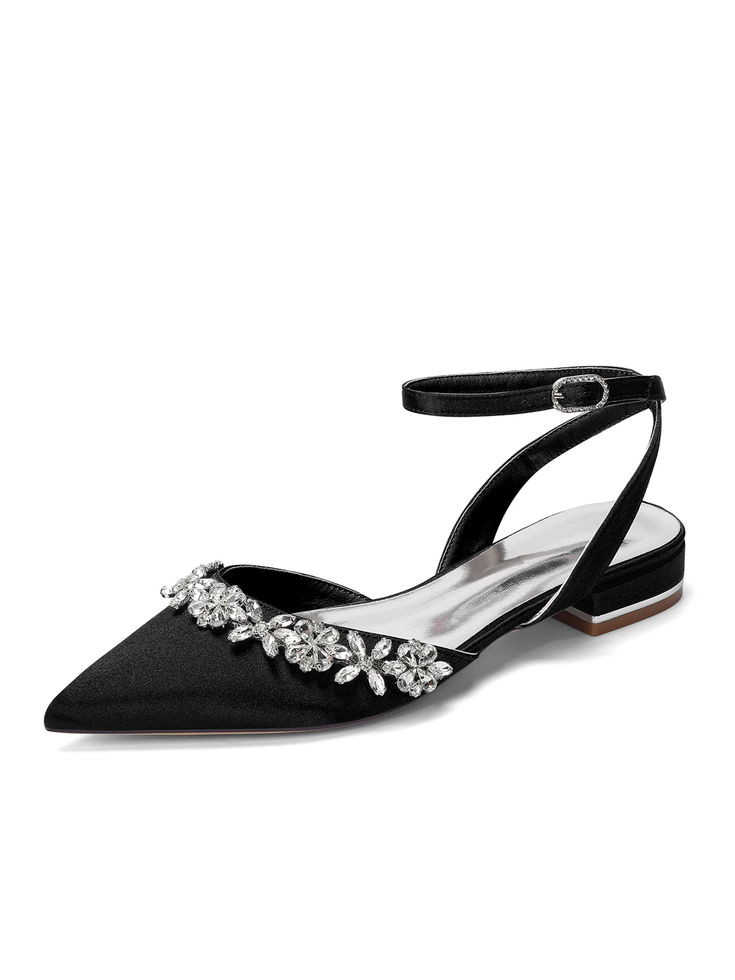 Satin Low Block Heels with Crystal Flower Trim