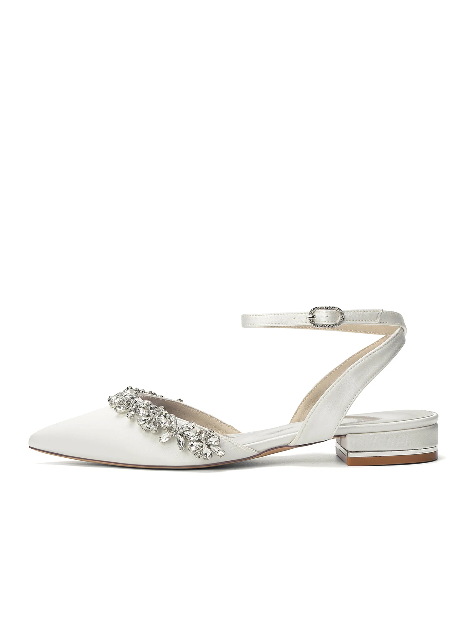 Satin Low Block Heels with Crystal Flower Trim - Image 10