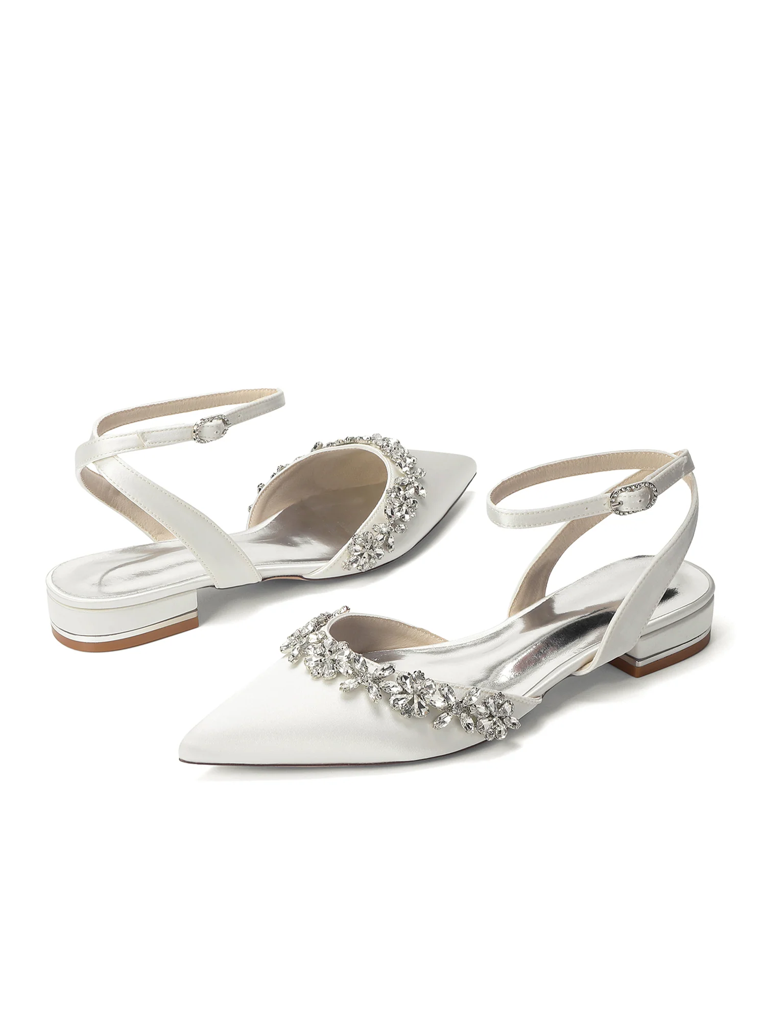 Satin Low Block Heels with Crystal Flower Trim - Image 13