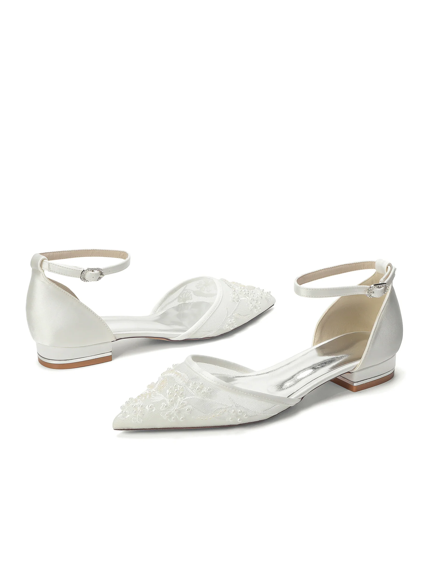 Pointed Toe Mesh Flats with Pearl Embroidery - Image 8