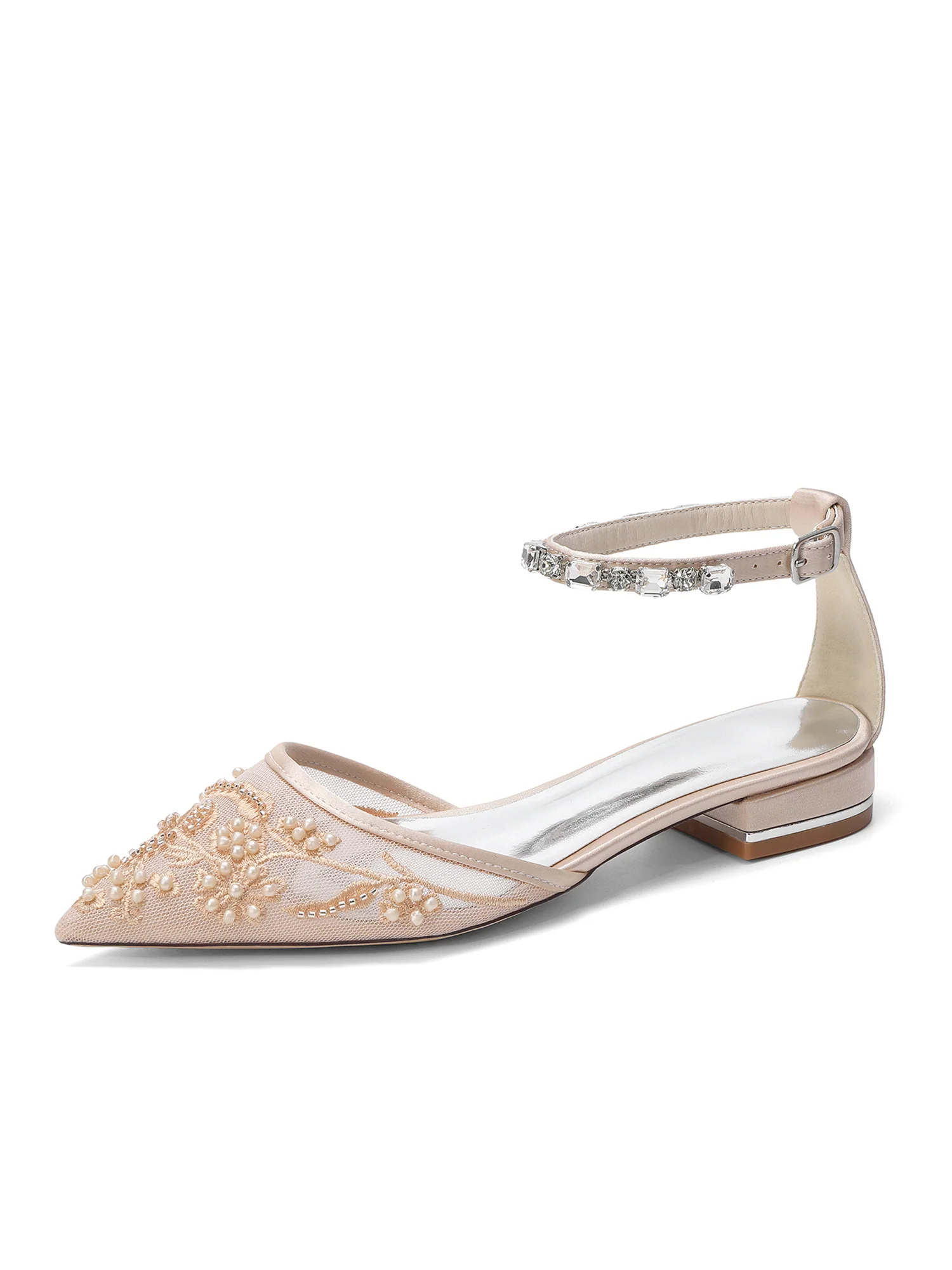 Mesh Flats with Rhinestone Ankle Strap & Floral Beading