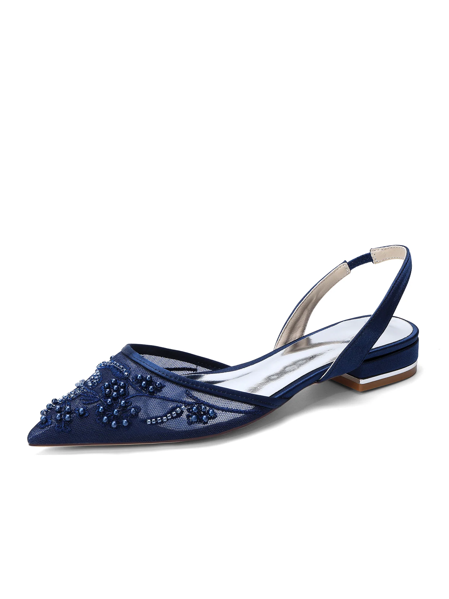 Pointed Toe Mesh Slingback Flats with Pearl Embroidery - Image 3