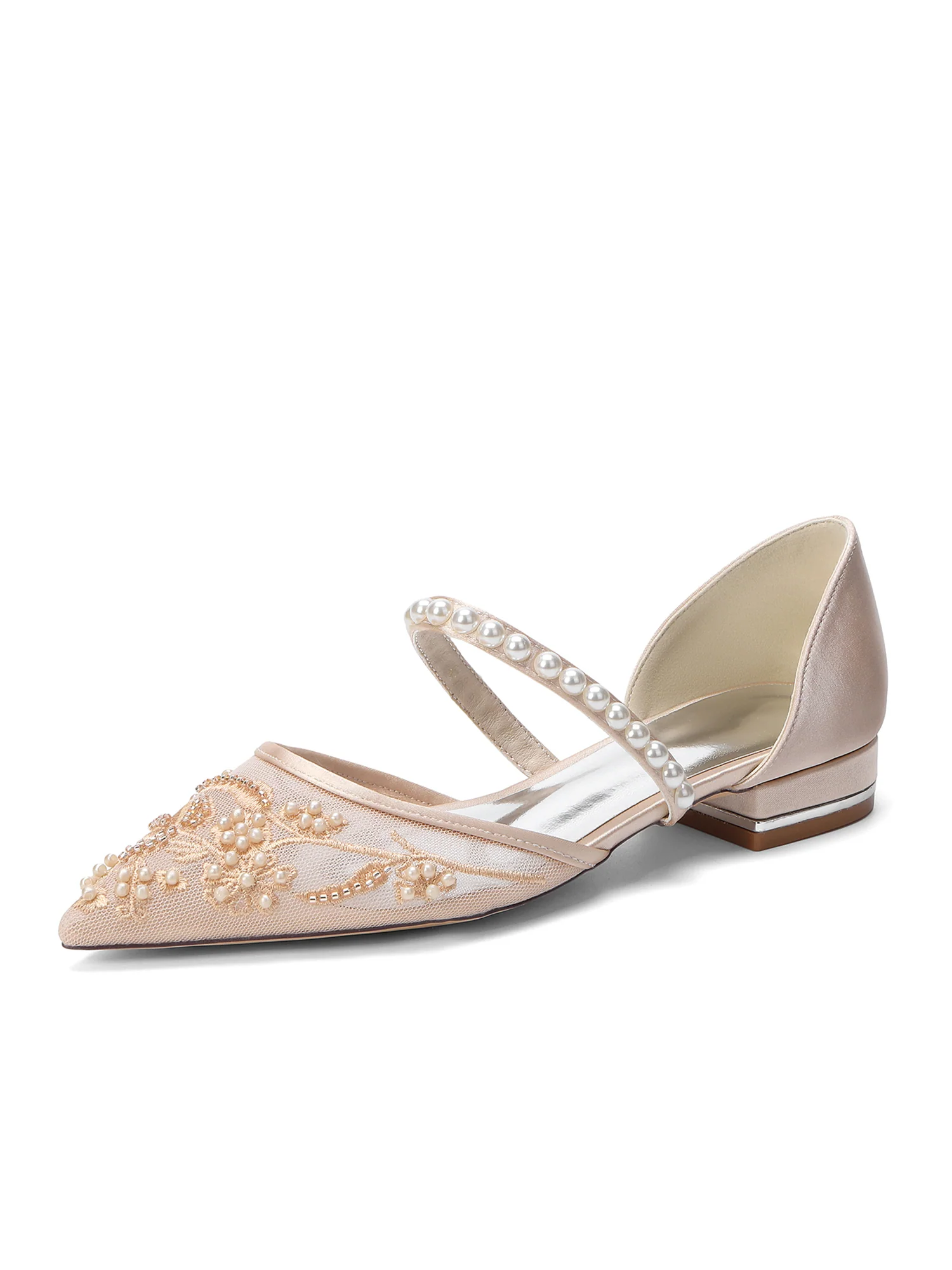 Pointed Toe Mesh Flats with Pearl Embroidery & Strap