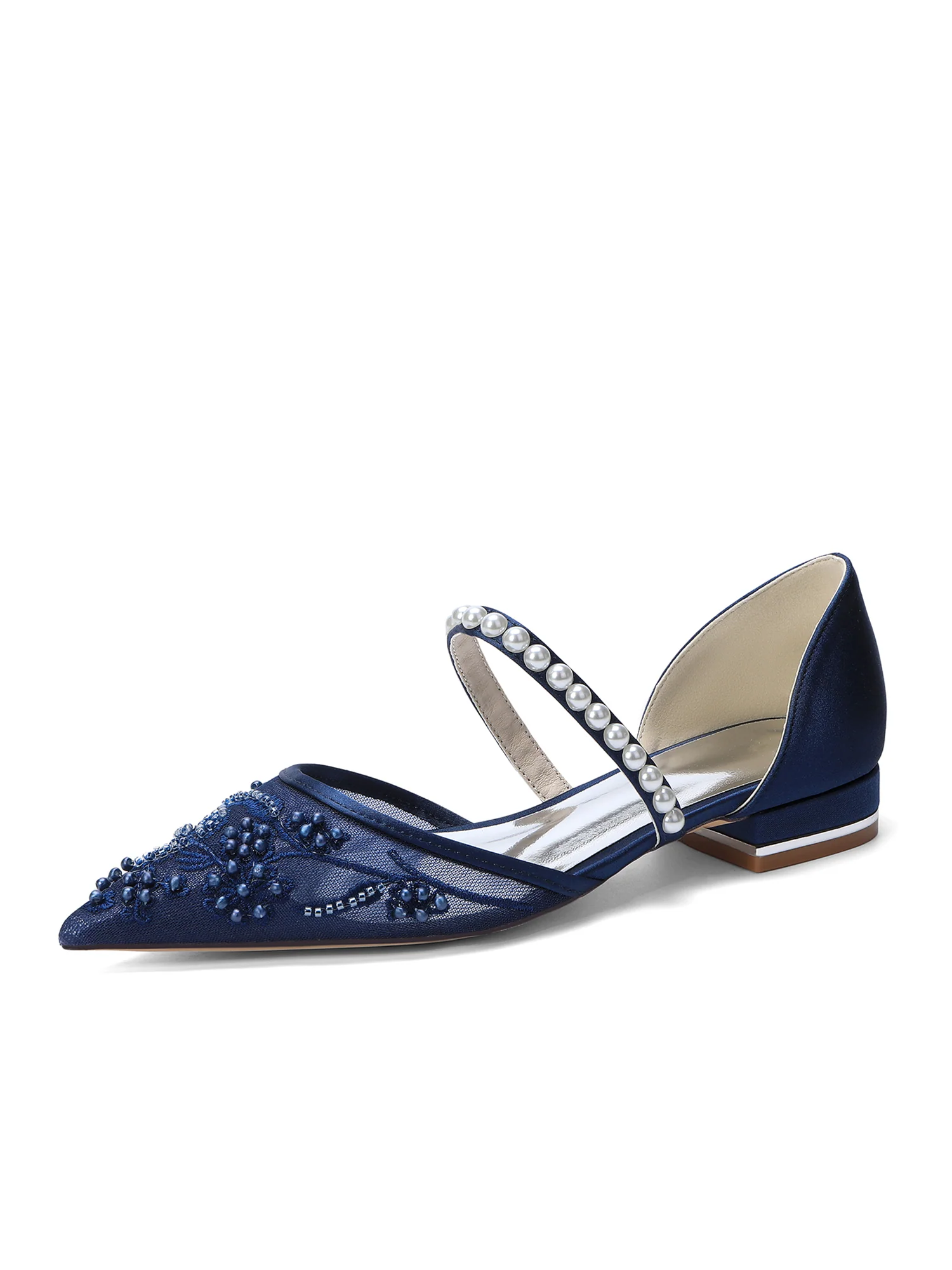 Pointed Toe Mesh Flats with Pearl Embroidery & Strap - Image 3