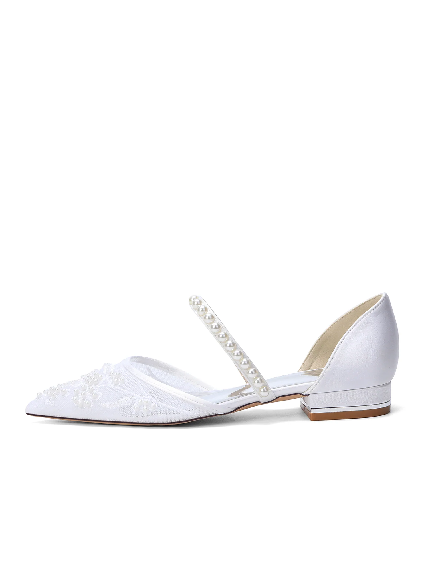 Pointed Toe Mesh Flats with Pearl Embroidery & Strap - Image 6