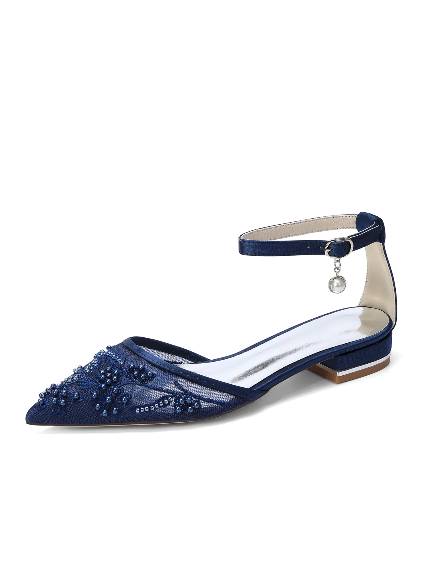 Pointed Toe Mesh Flats with Pearl Charm Ankle Strap - Image 3