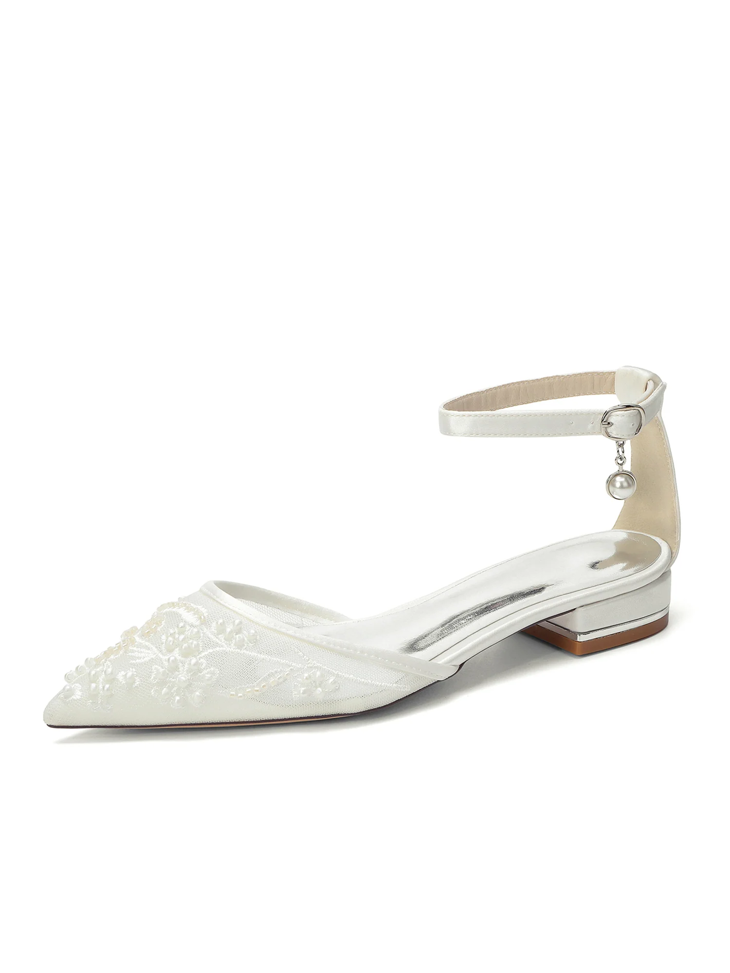 Pointed Toe Mesh Flats with Pearl Charm Ankle Strap - Image 4