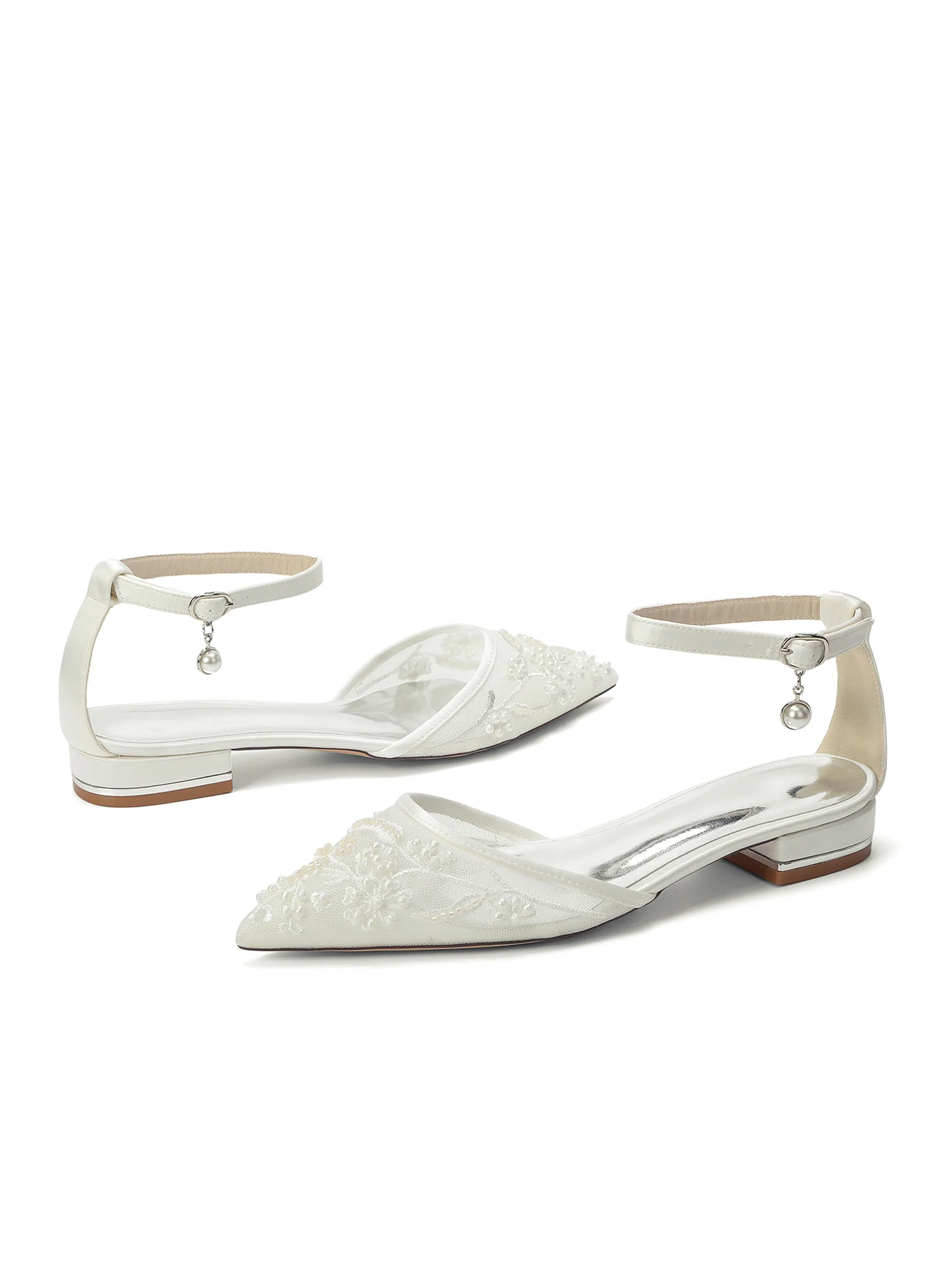 Pointed Toe Mesh Flats with Pearl Charm Ankle Strap - Image 5