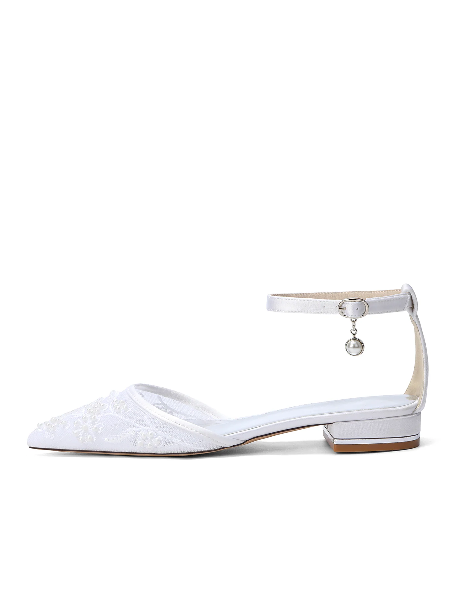 Pointed Toe Mesh Flats with Pearl Charm Ankle Strap - Image 7