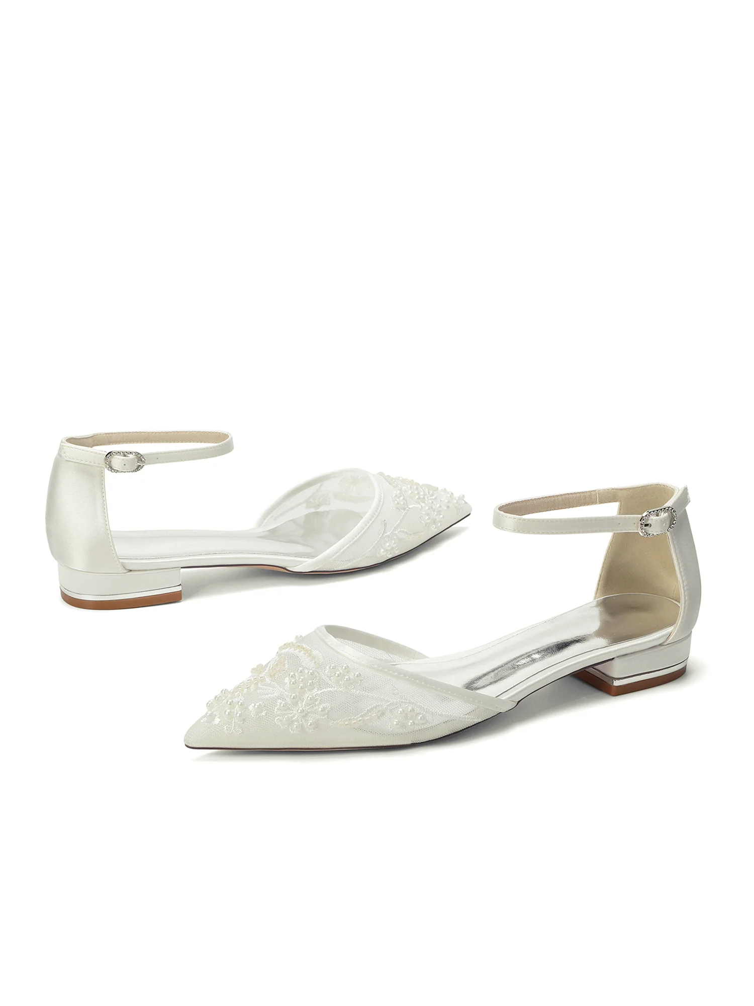 Pointed Toe Mesh Flats with Pearl Embroidery & Ankle Strap - Image 5