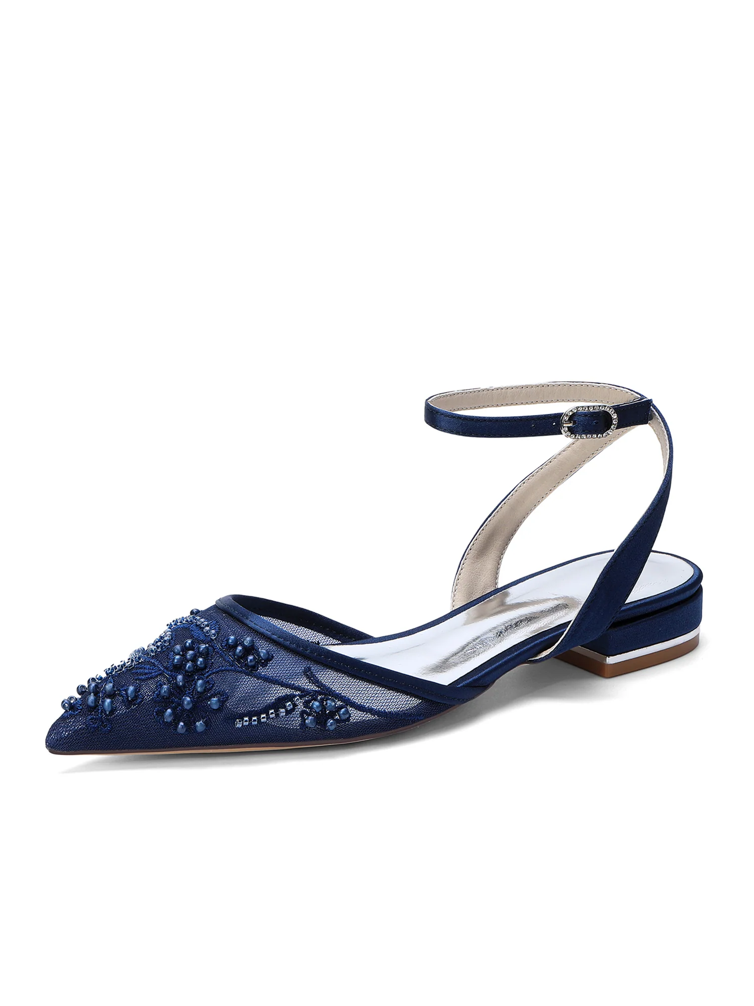 Pointed Toe Pearl Embroidery Ankle Strap Flats - Image 3
