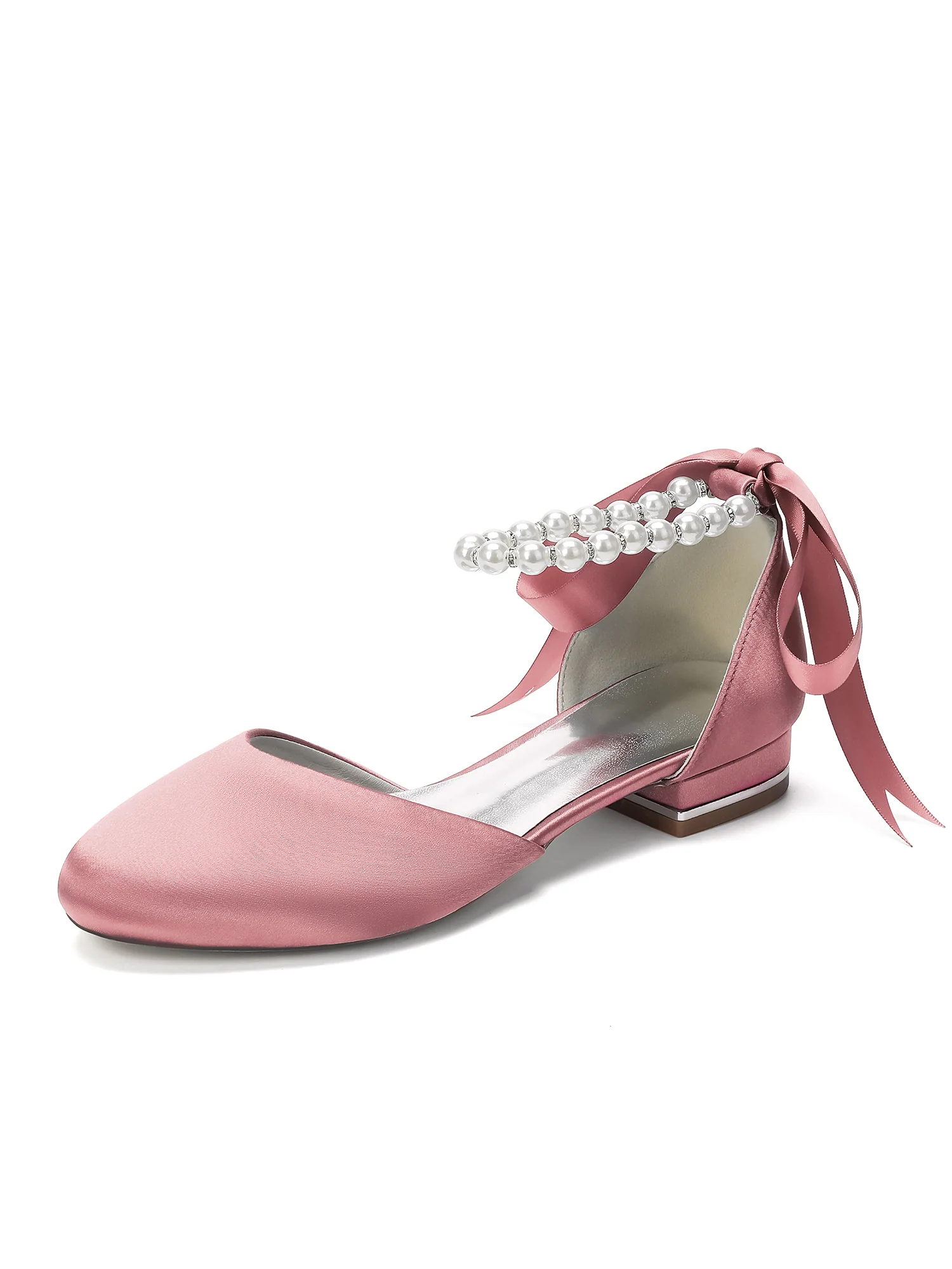 Pearl Ankle Strap Satin Low Block Heels with Bow