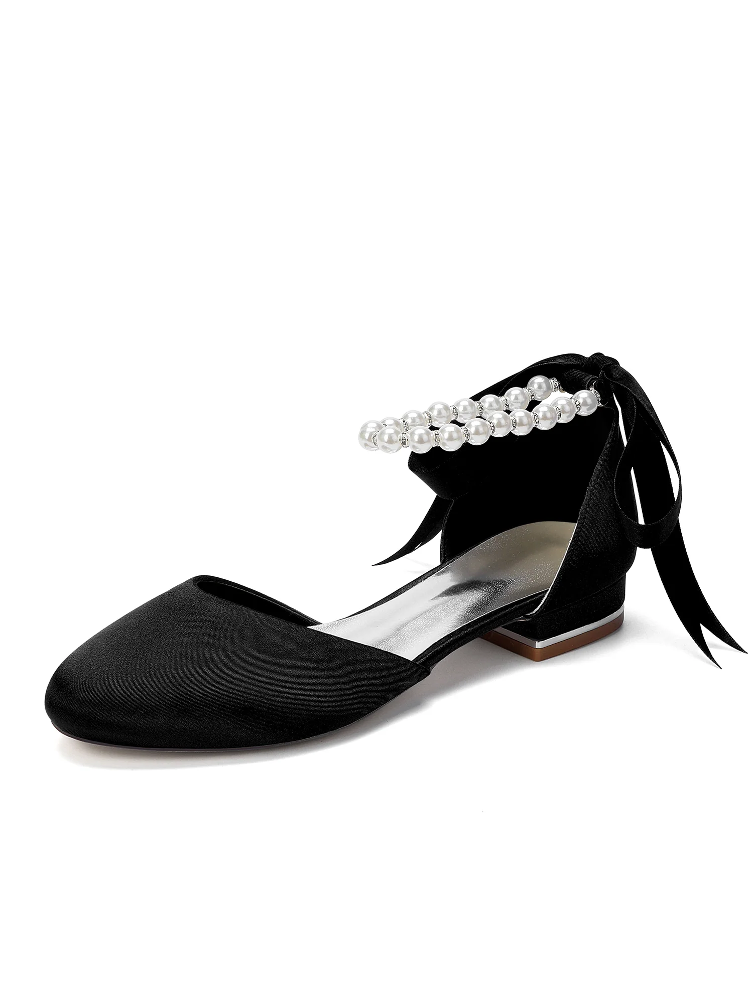 Pearl Ankle Strap Satin Low Block Heels with Bow - Image 14