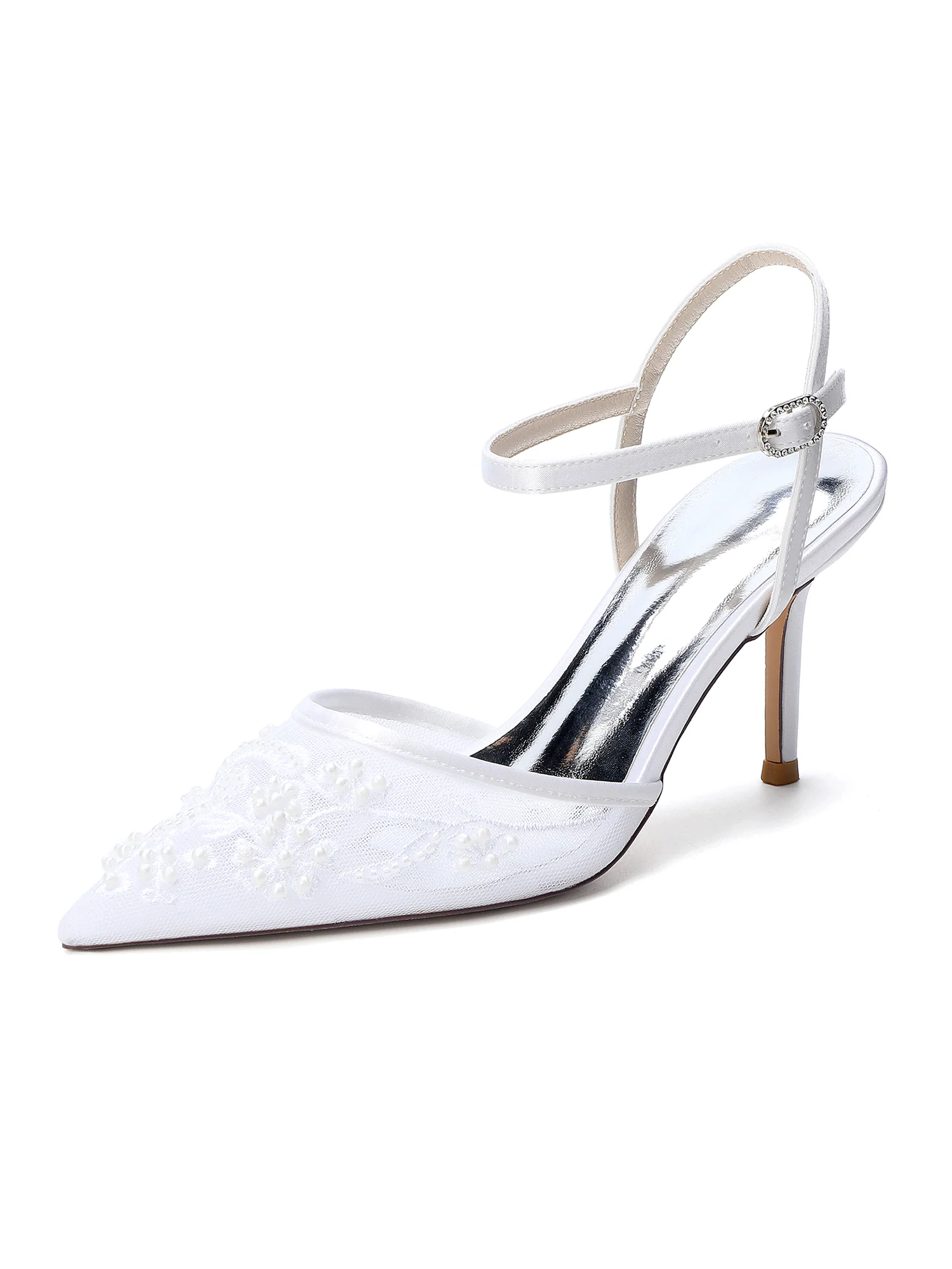 Pointed Toe Lace Mesh & Satin Stiletto Sandals - Image 10
