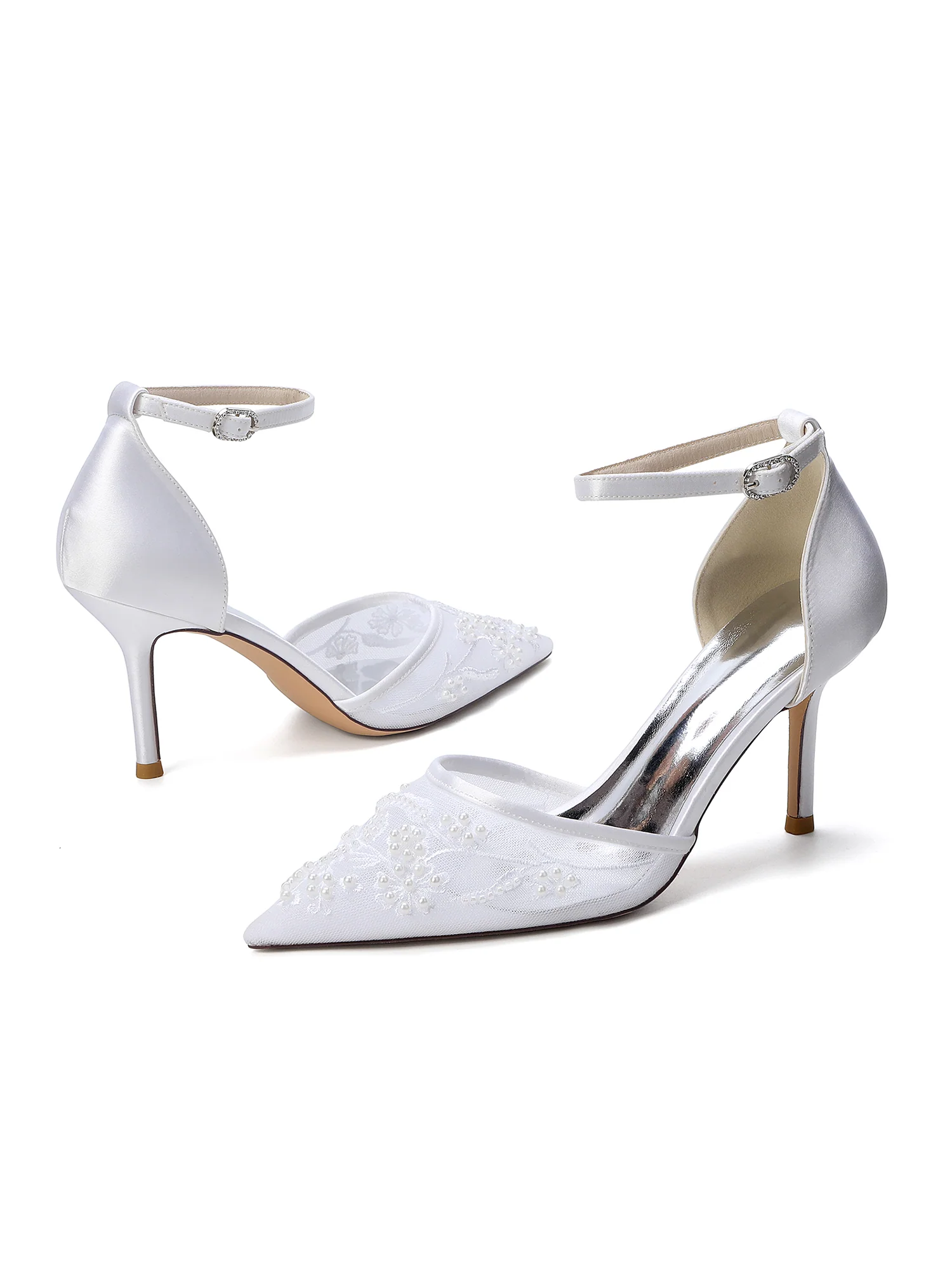 Pointed Toe Lace Mesh & Satin Stiletto Sandals - Image 11