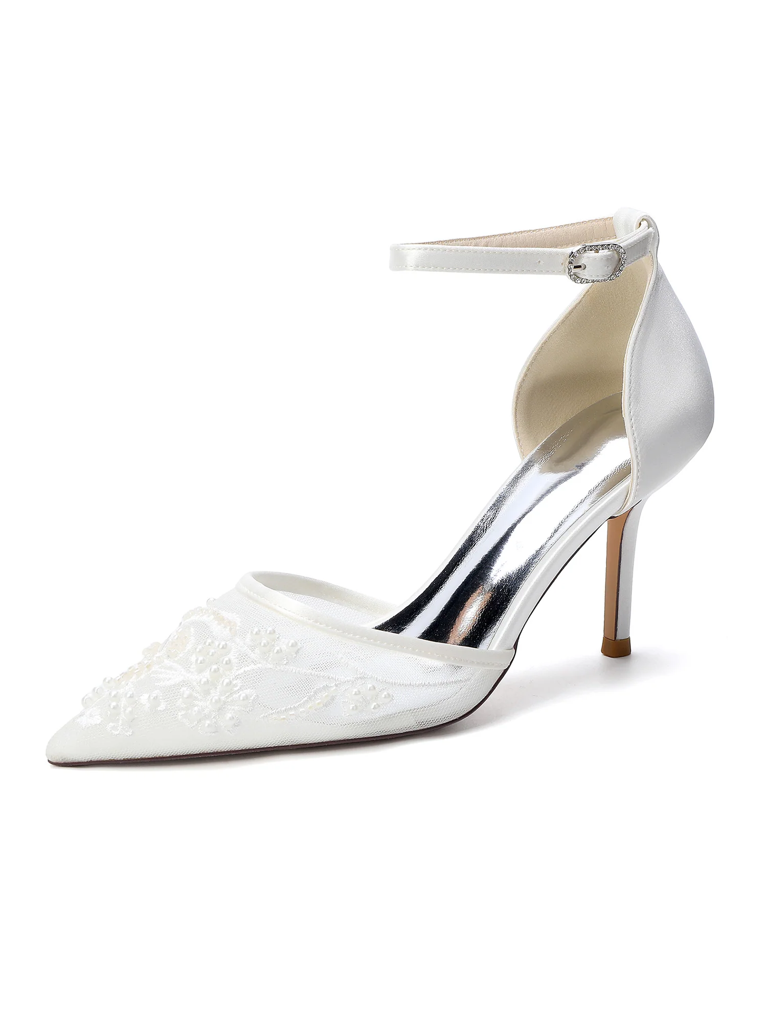 Pointed Toe Lace Mesh & Satin Stiletto Sandals - Image 3