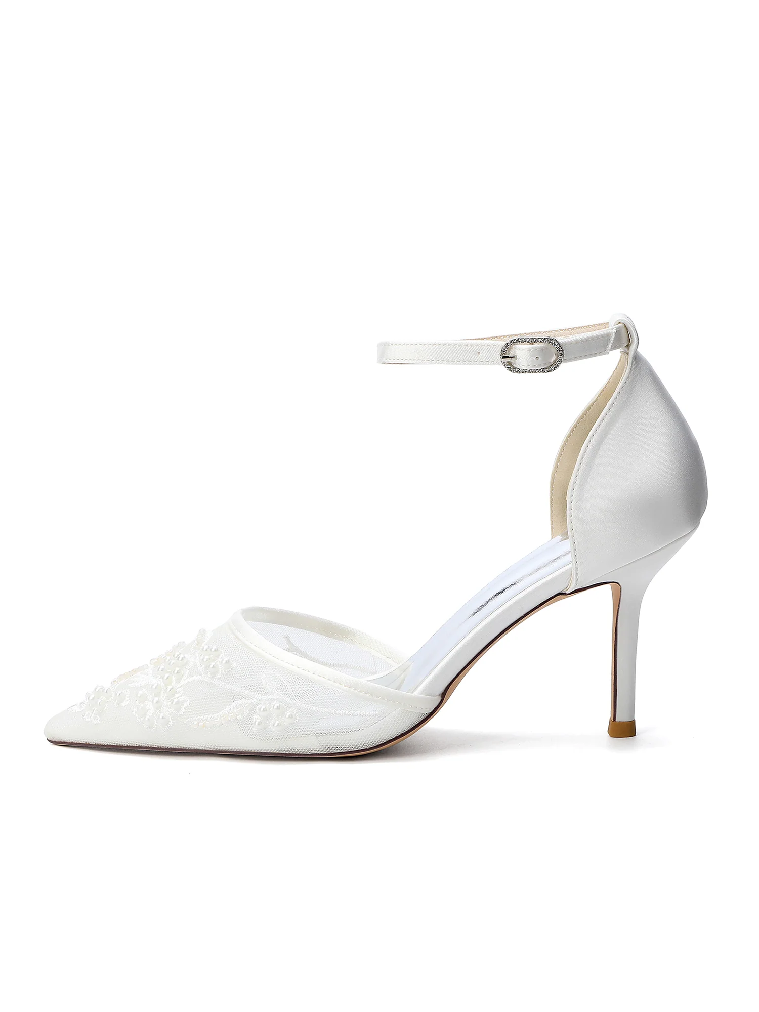 Pointed Toe Lace Mesh & Satin Stiletto Sandals - Image 4