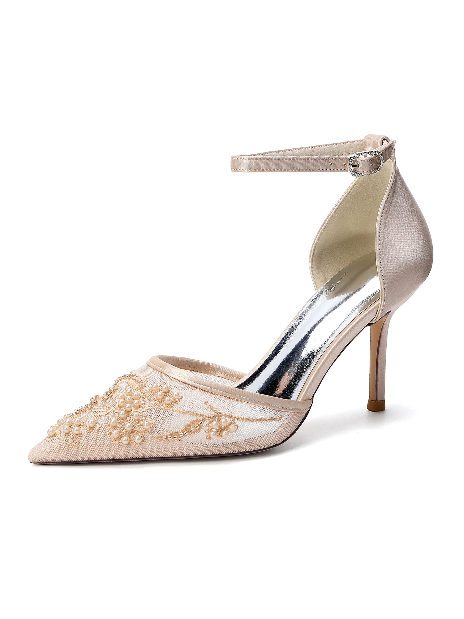 Pointed Toe Lace Mesh Ankle Strap D'Orsay Pumps
