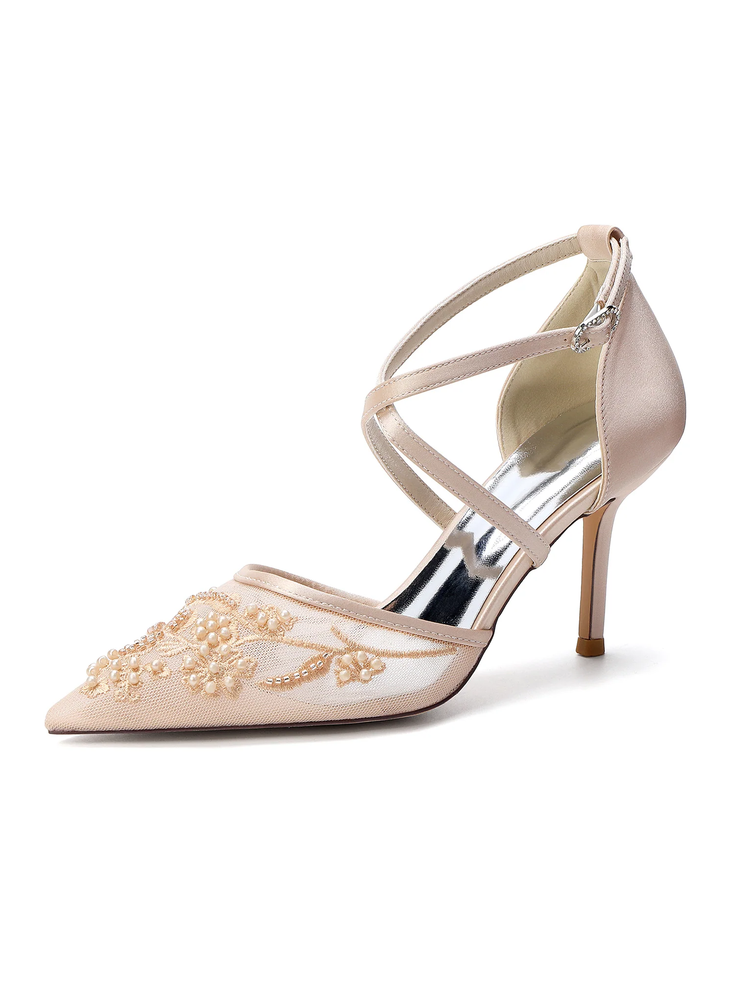Pointed Toe Lace Mesh Cross Strap Pumps