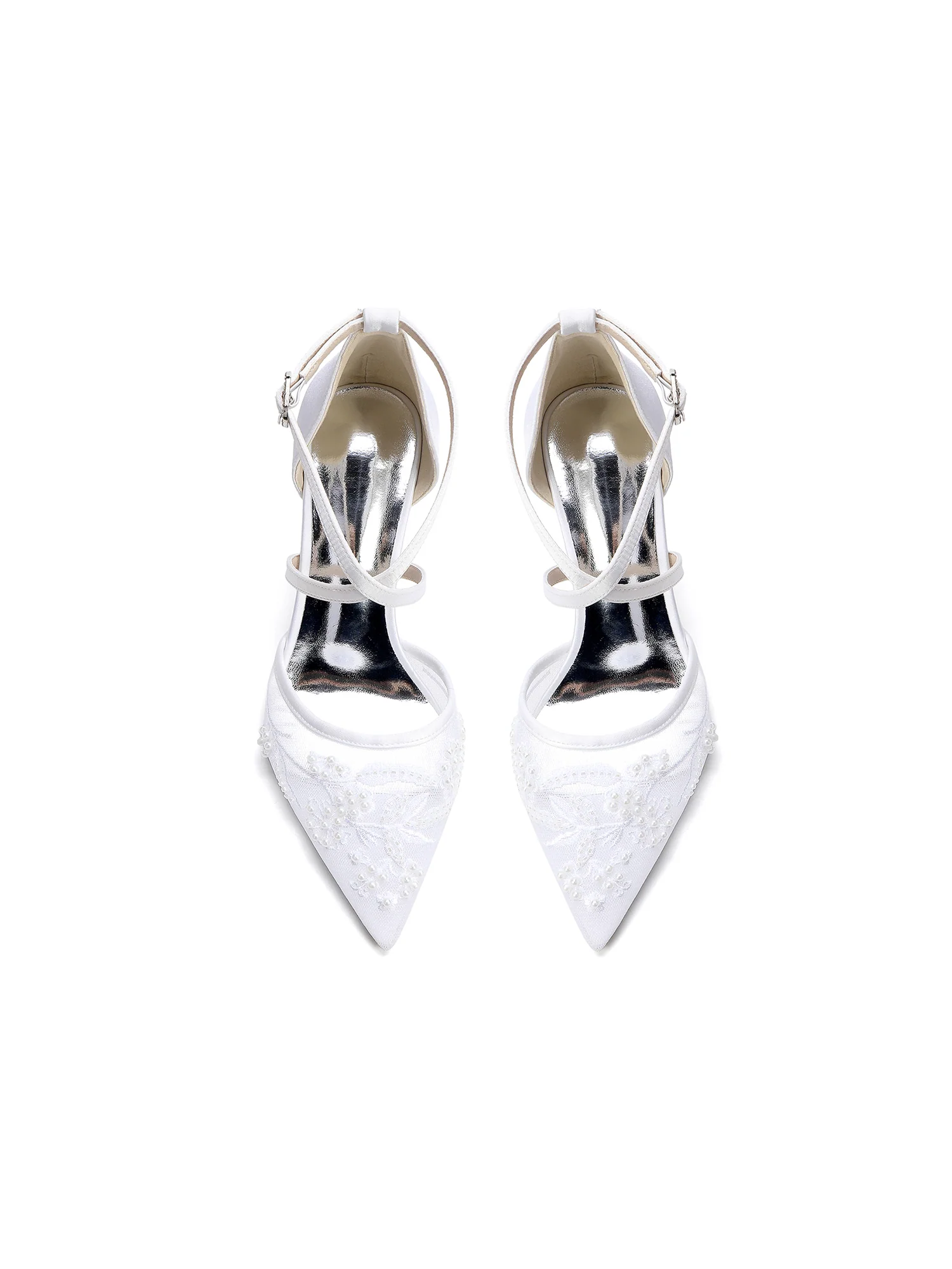 Pointed Toe Lace Mesh Cross Strap Pumps - Image 11