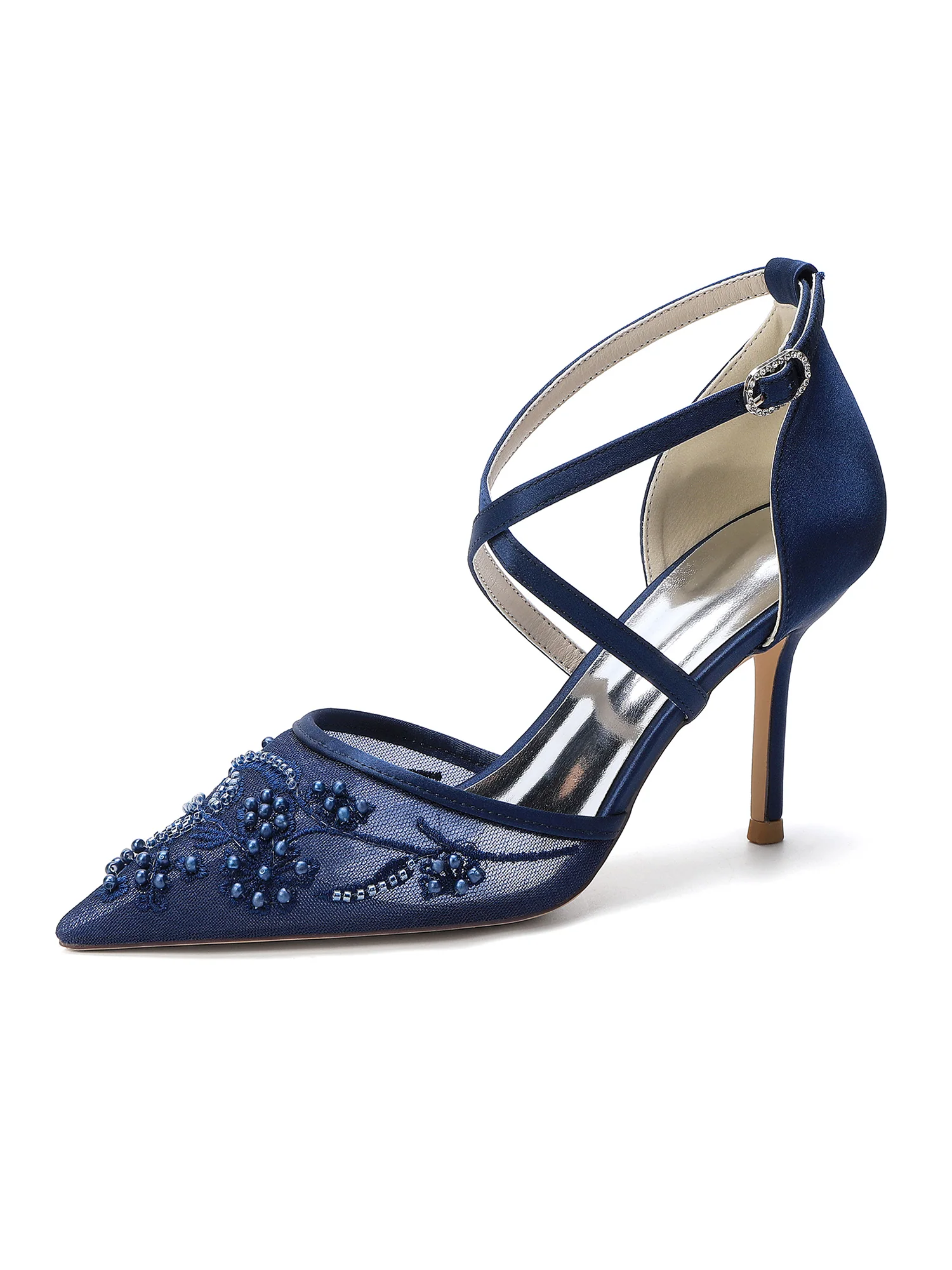 Pointed Toe Lace Mesh Cross Strap Pumps - Image 3