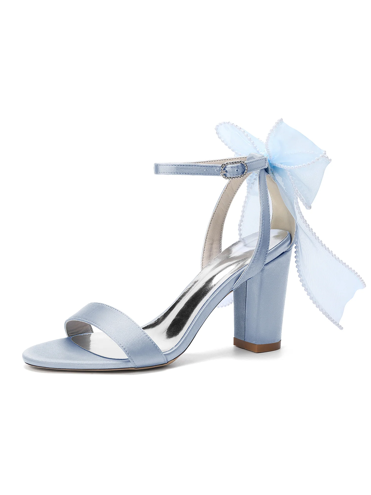Satin Block Heel Sandals with Pearl Tulle Bow - Image 12