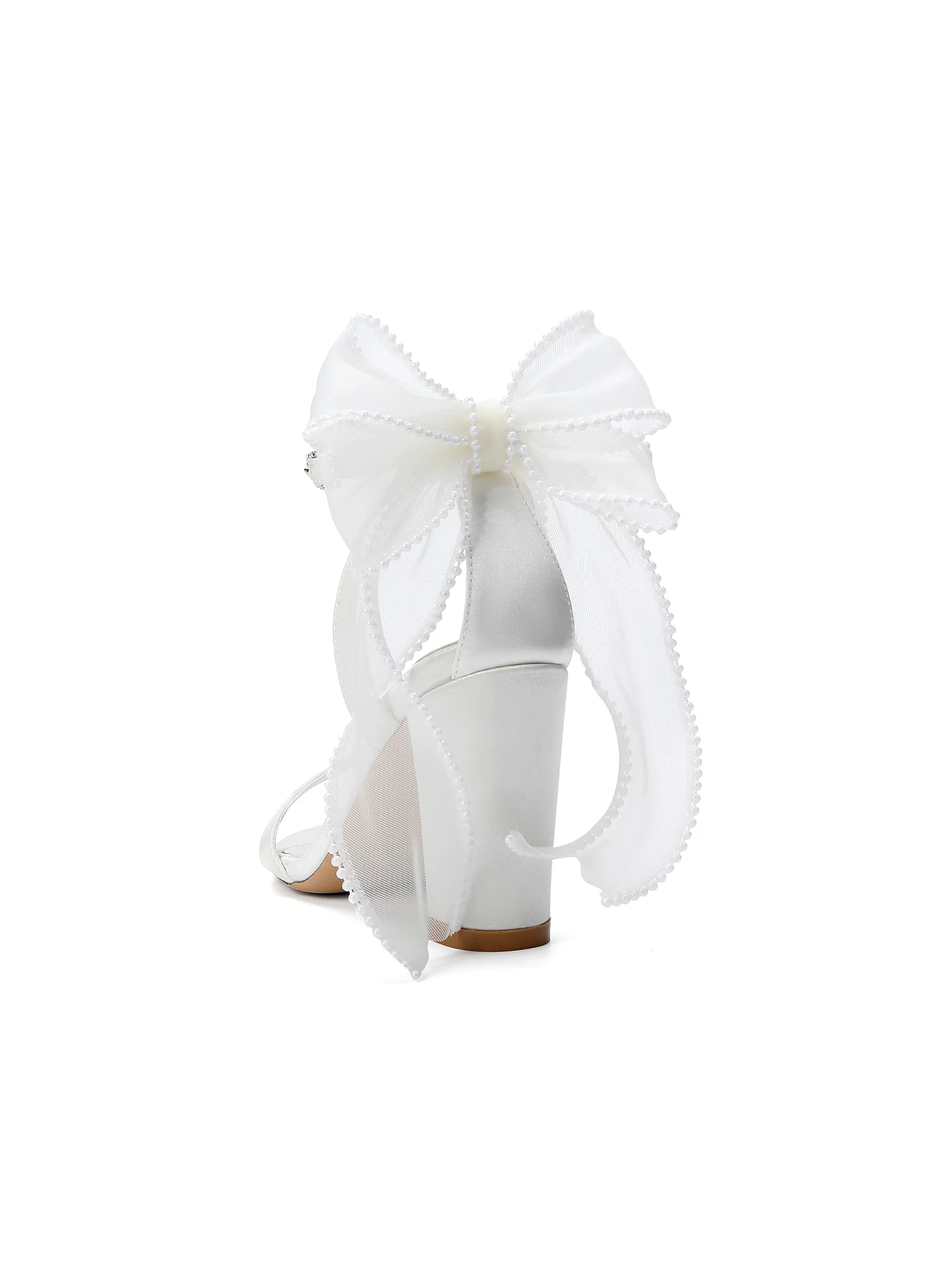 Satin Block Heel Sandals with Pearl Tulle Bow - Image 8