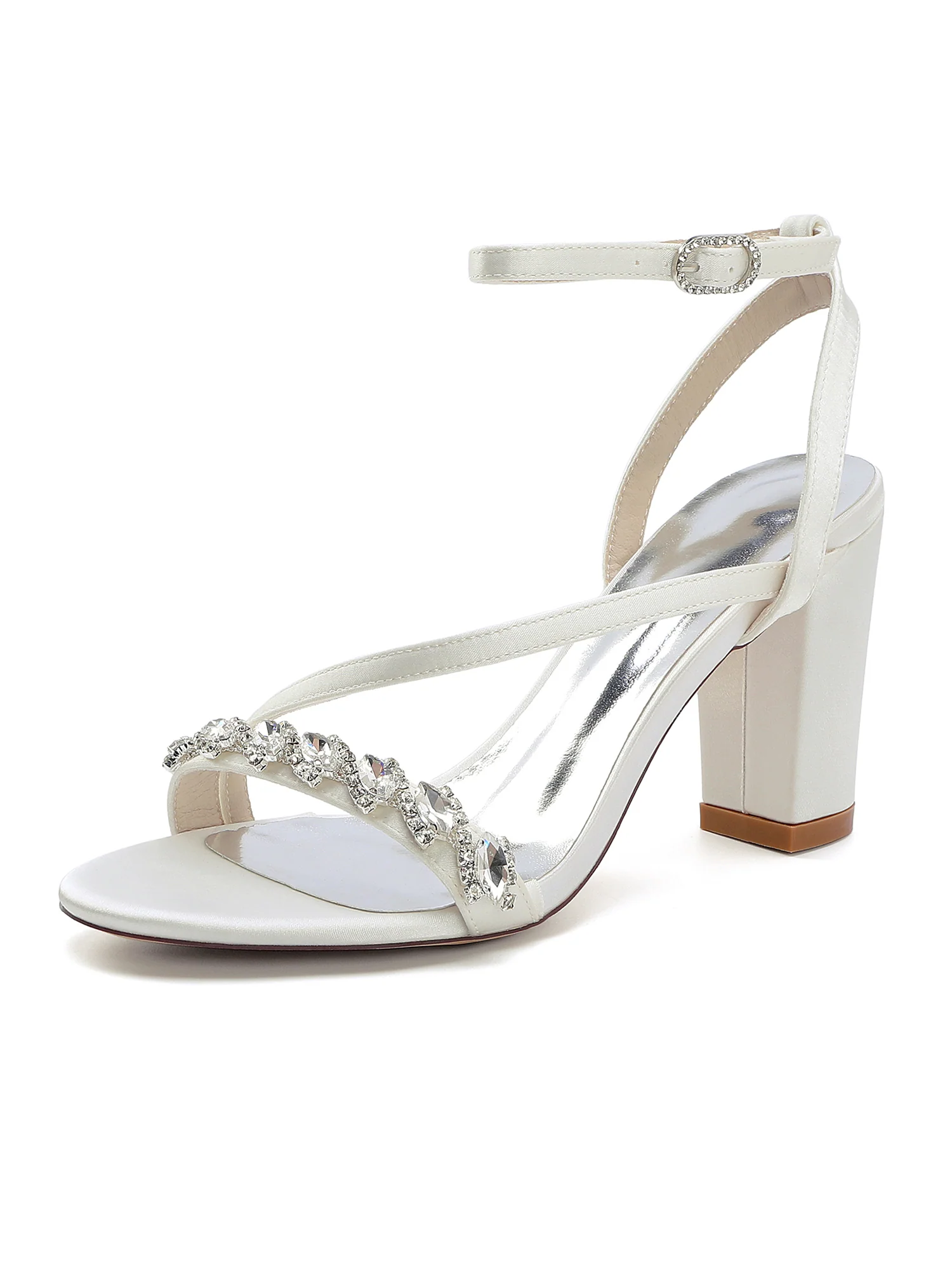 Rhinestone Asymmetric Strap Block Heel Sandals - Image 9