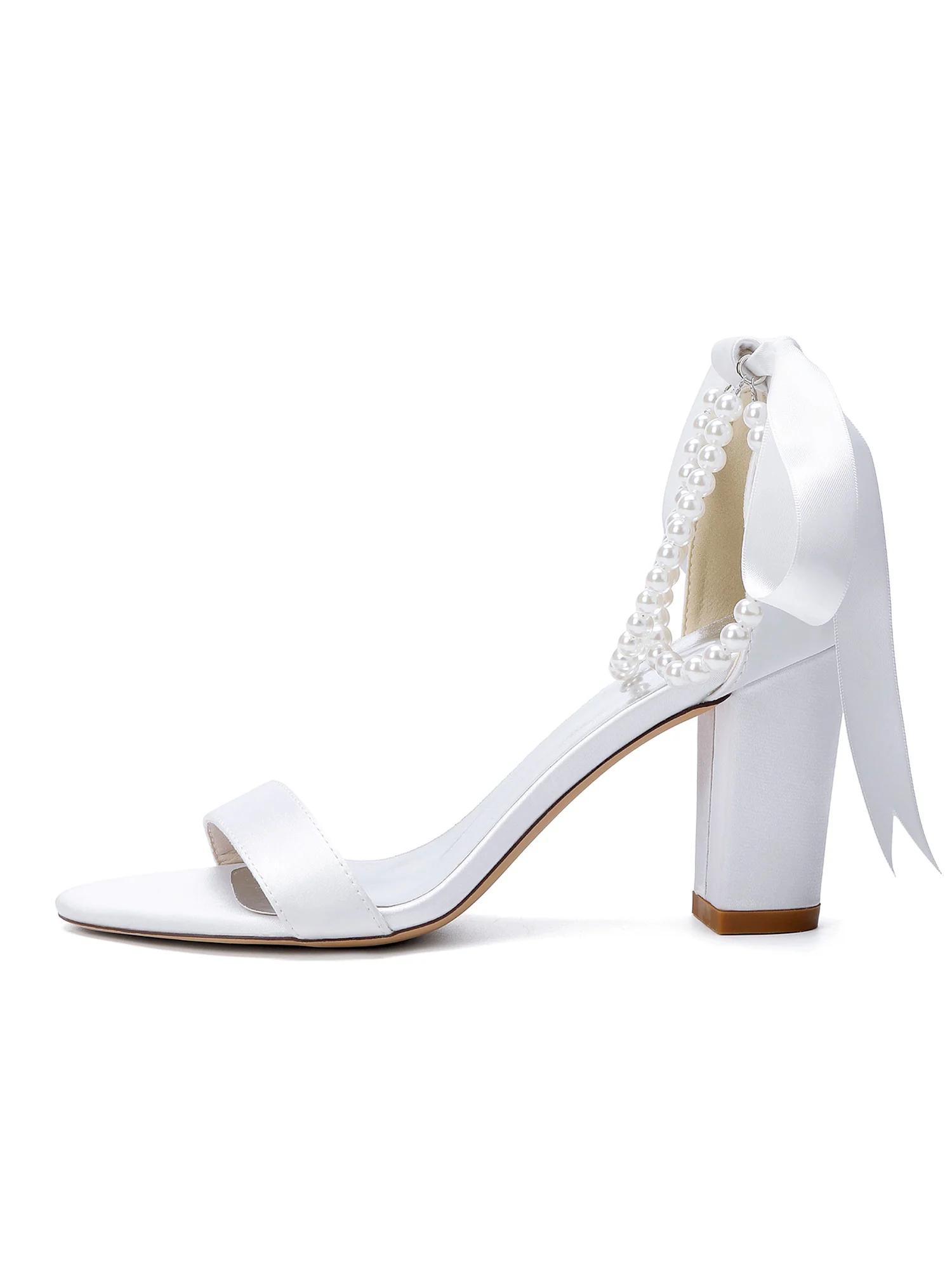 Double Pearl Ankle Strap Satin Block Heel Sandals - Image 14