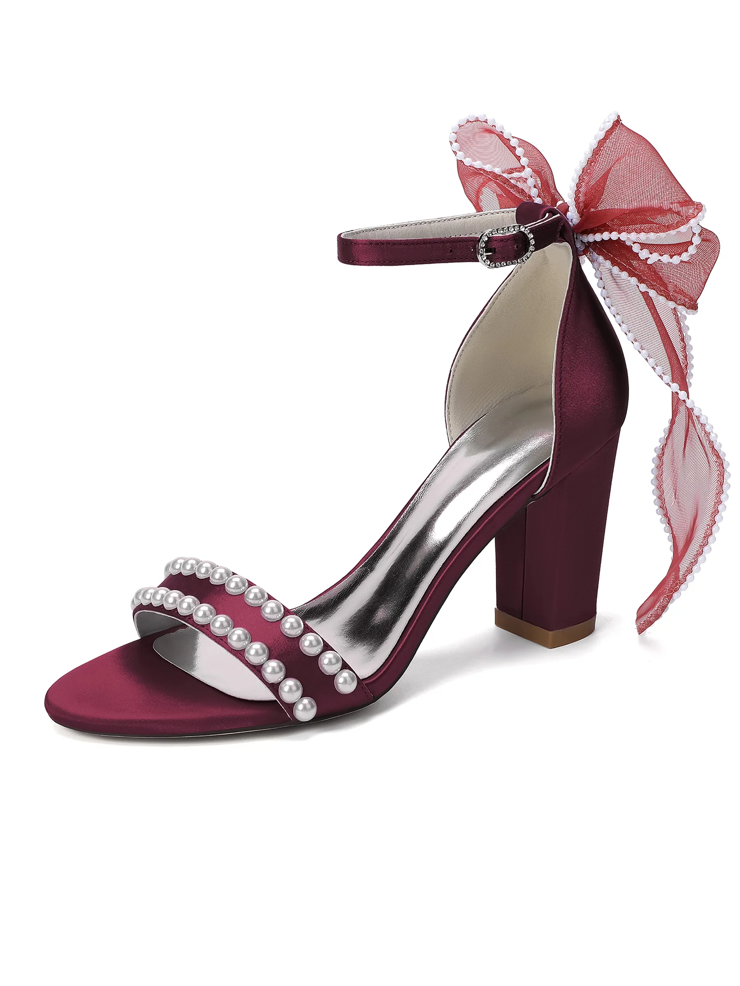 Pearl Satin Block Heel Sandals with Tulle Bow - Image 2